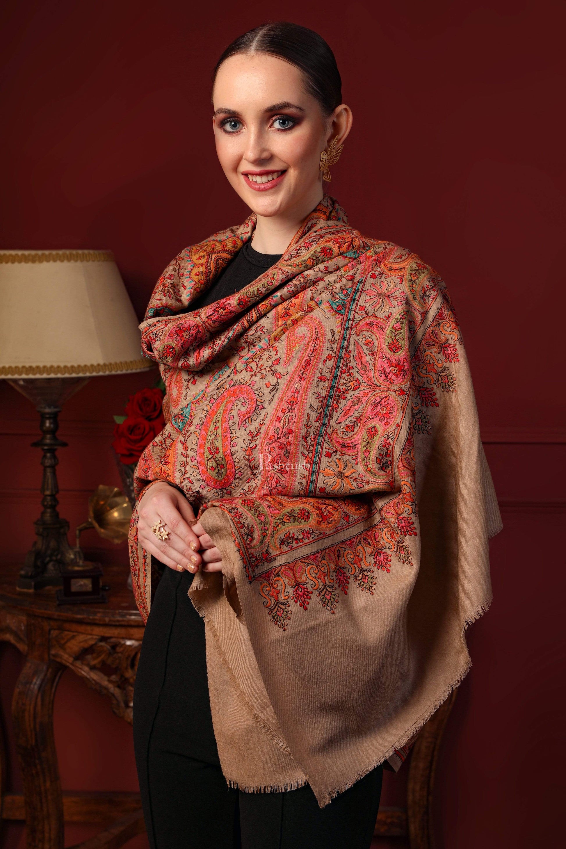 Pashtush India 100x200 Pashtush Womens Papier-mâché Embroidered Shawl, Fine Wool with Silky Embroidery, Beige