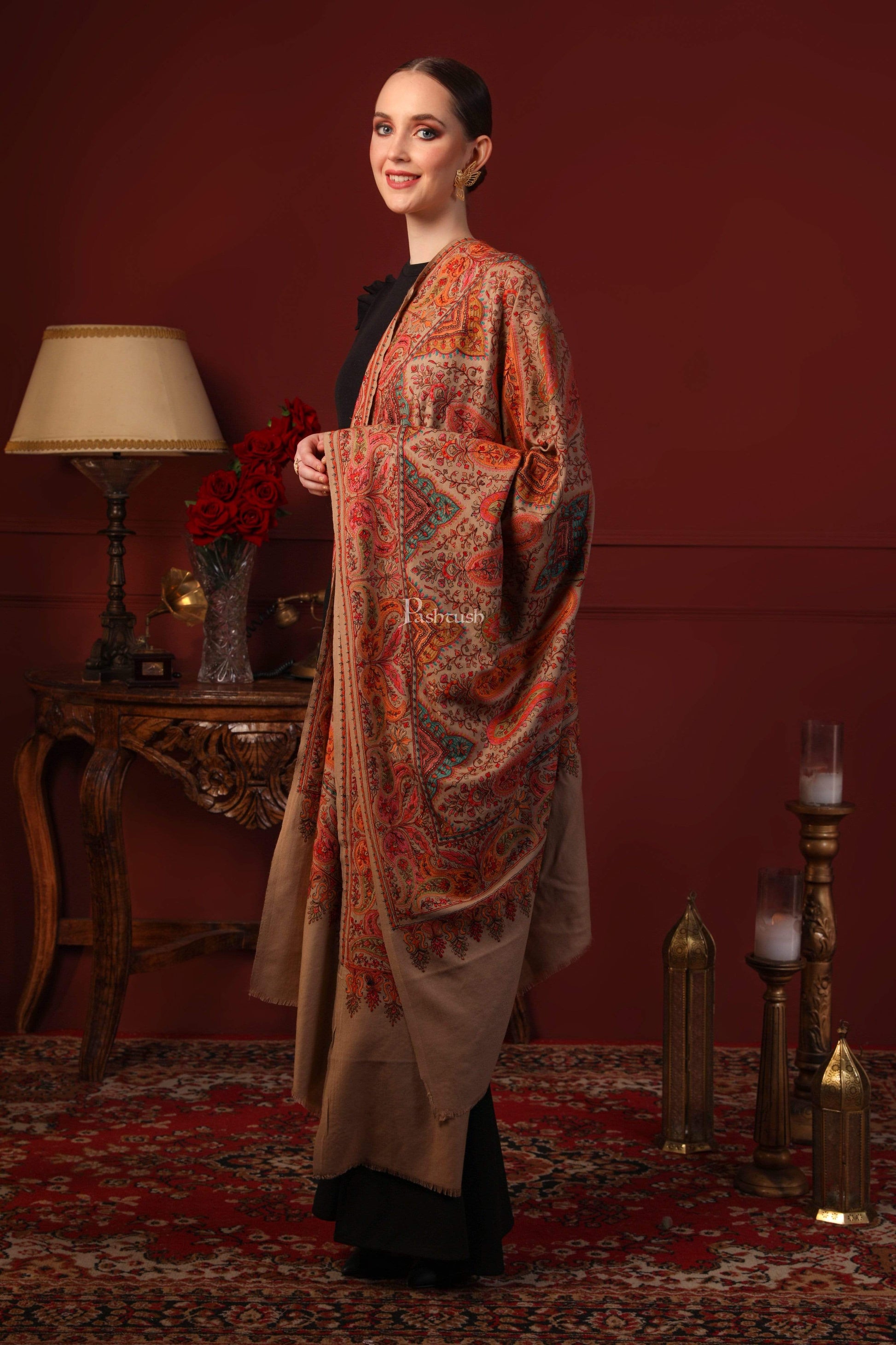 Pashtush India 100x200 Pashtush Womens Papier-mâché Embroidered Shawl, Fine Wool with Silky Embroidery, Beige