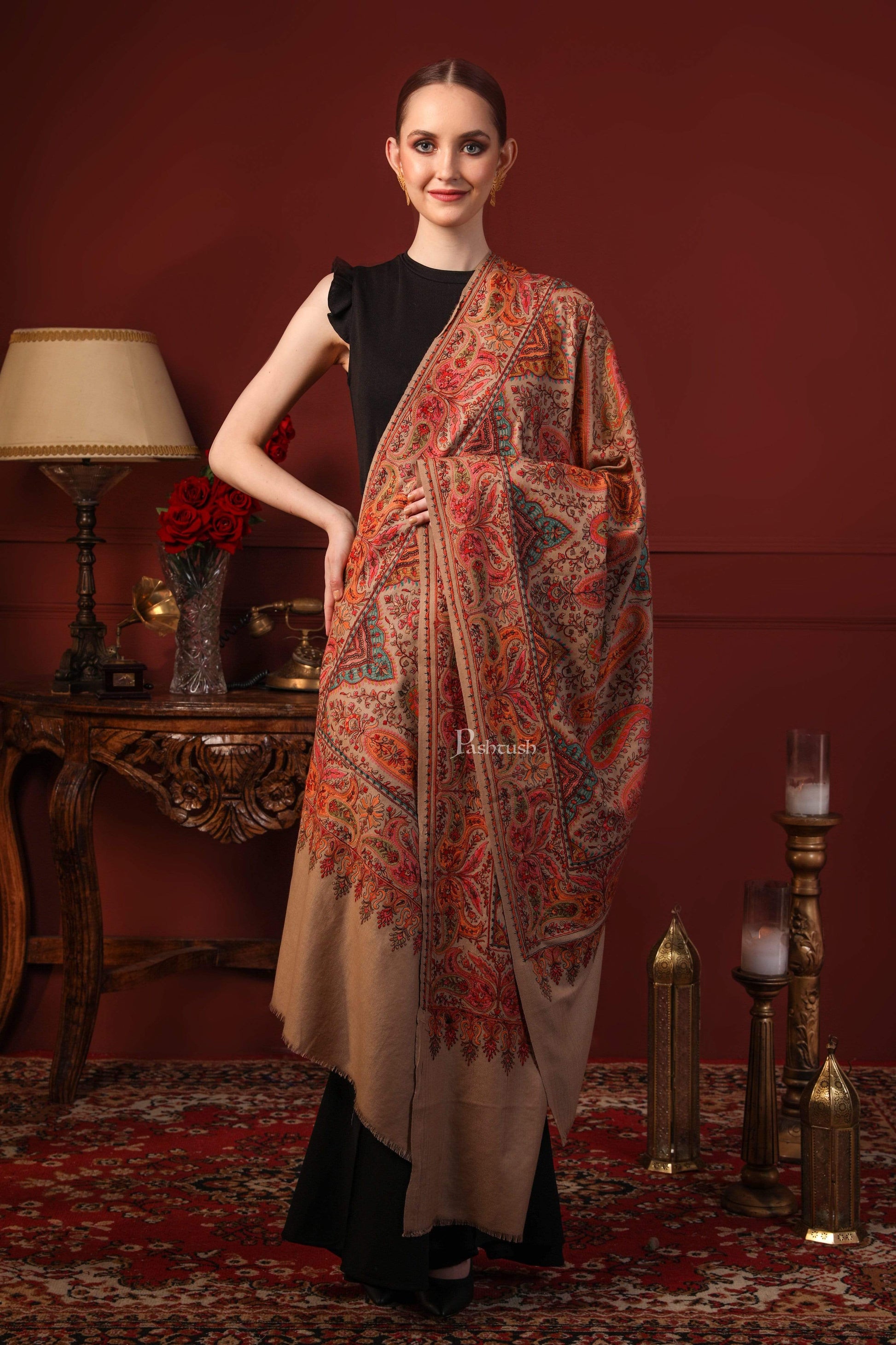Pashtush India 100x200 Pashtush Womens Papier-mâché Embroidered Shawl, Fine Wool with Silky Embroidery, Beige