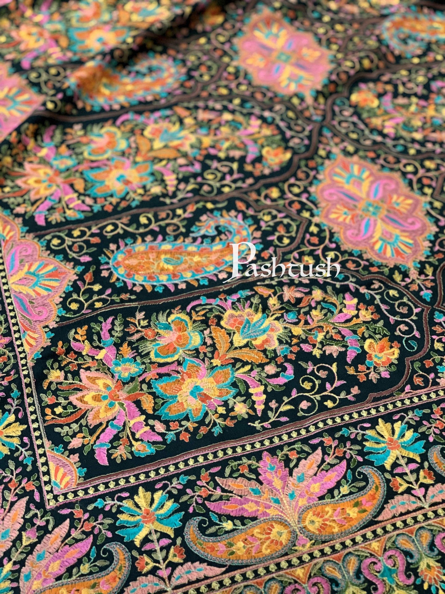 Pashtush India 100x200 Pashtush Womens Papier-mâché Embroidered Shawl, Fine Wool with Silky Embroidery, Black