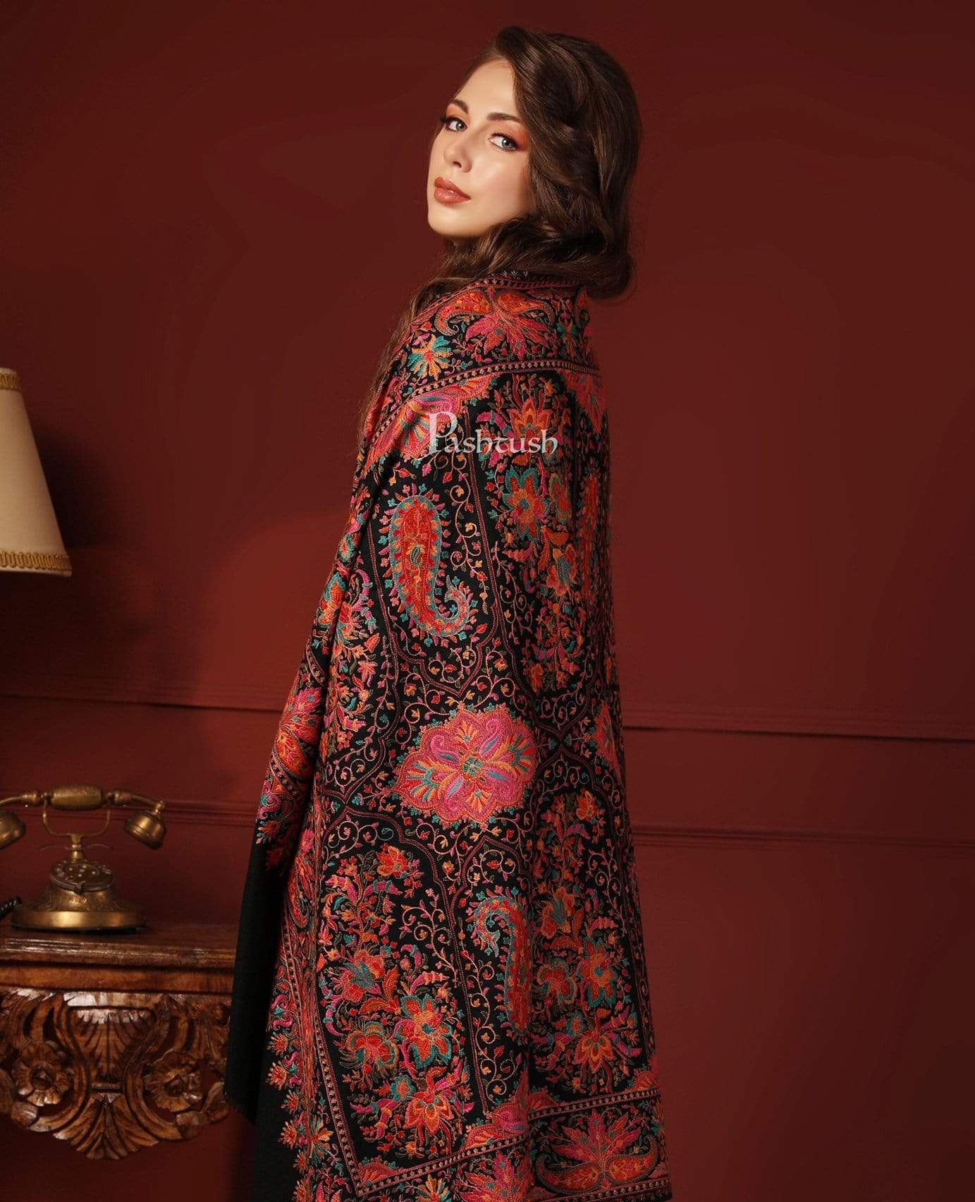 Pashtush India 100x200 Pashtush Womens Papier-mâché Embroidered Shawl, Fine Wool with Silky Embroidery, Black