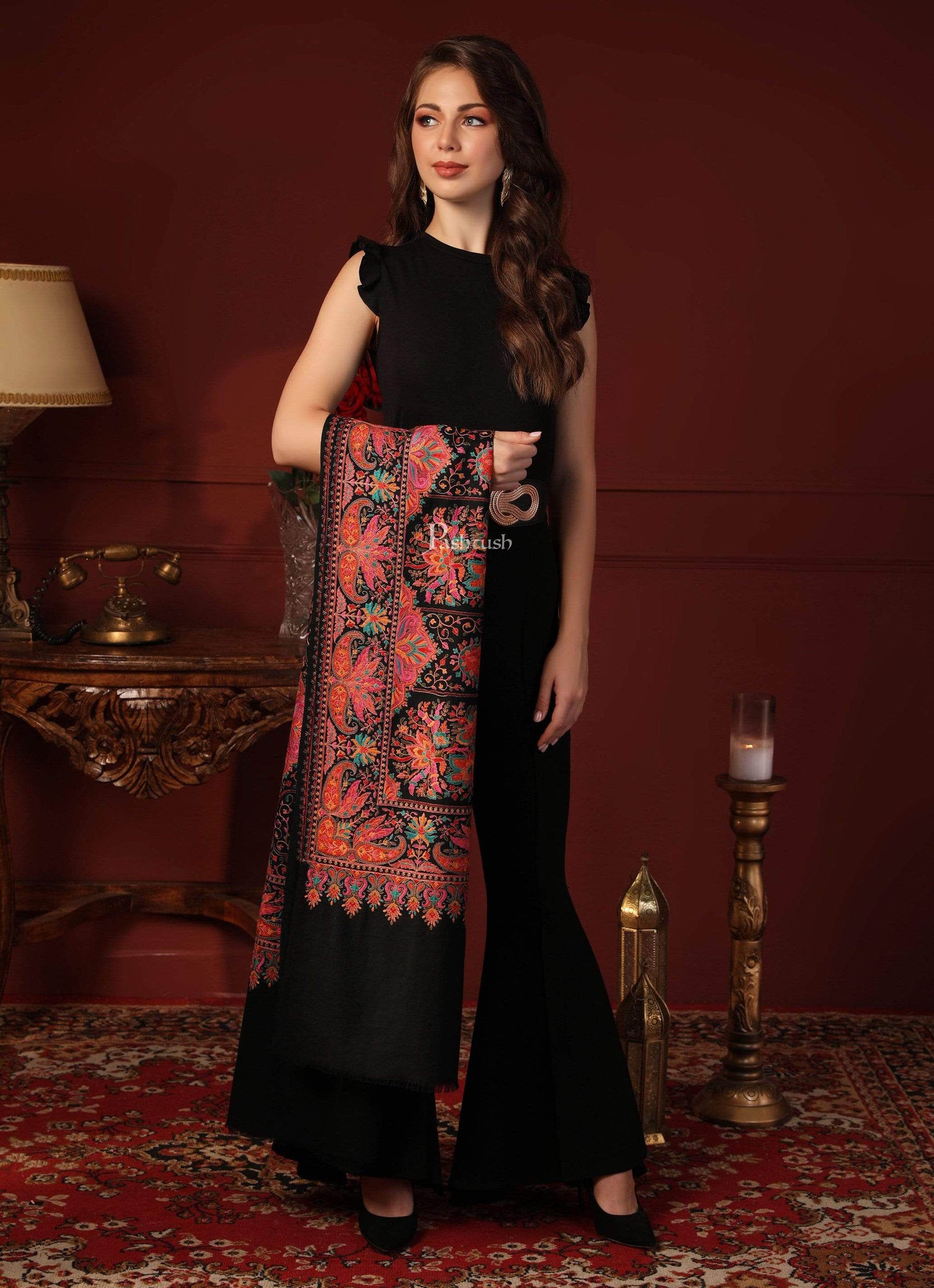 Pashtush India 100x200 Pashtush Womens Papier-mâché Embroidered Shawl, Fine Wool with Silky Embroidery, Black