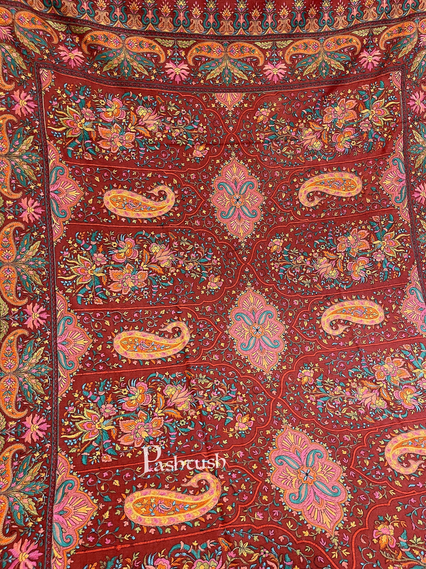 Pashtush India 100x200 Pashtush Womens Papier-mâché Embroidered Shawl, Fine Wool with Silky Embroidery, Maroon
