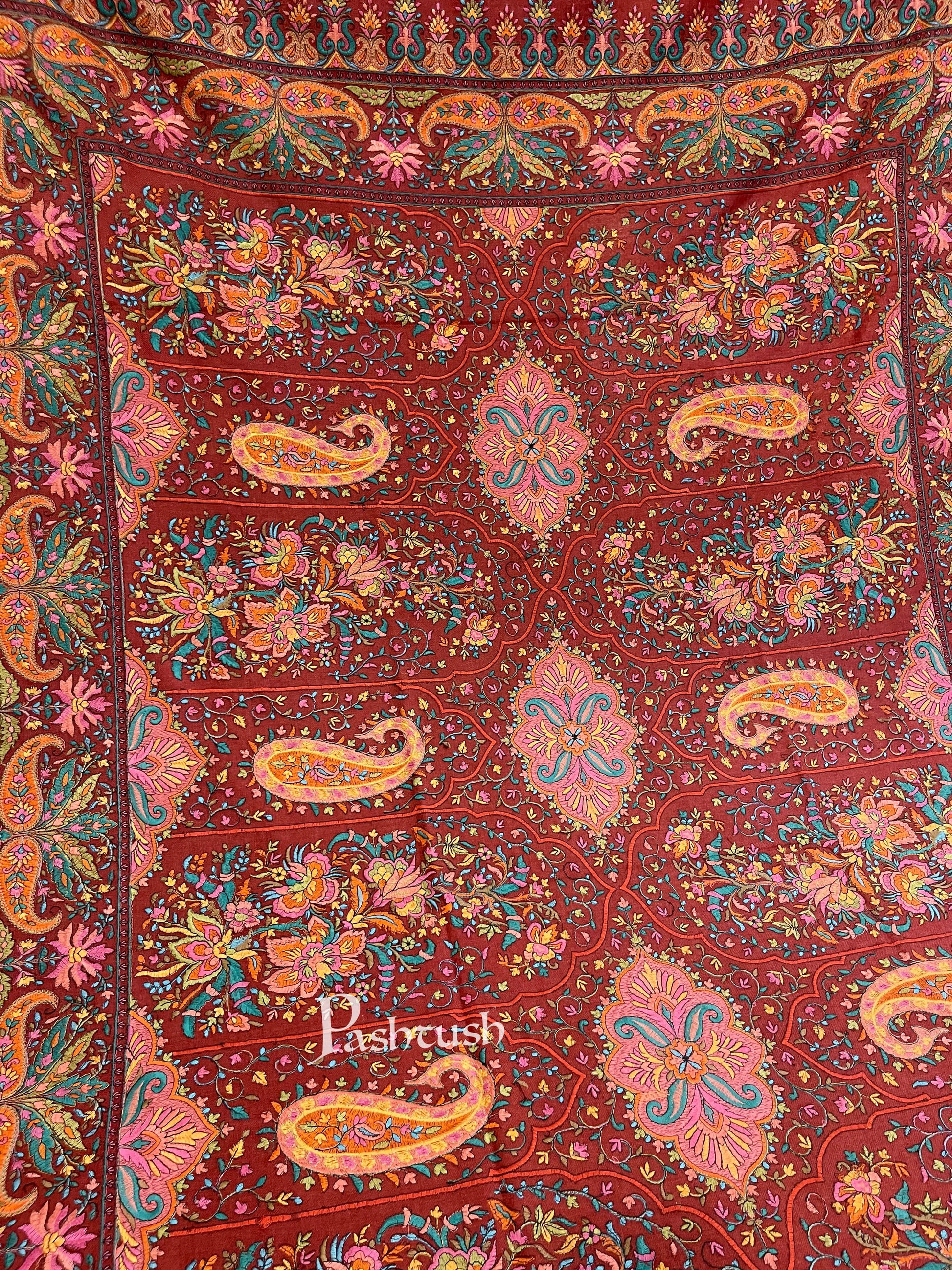Pashtush India 100x200 Pashtush Womens Papier-mâché Embroidered Shawl, Fine Wool with Silky Embroidery, Maroon