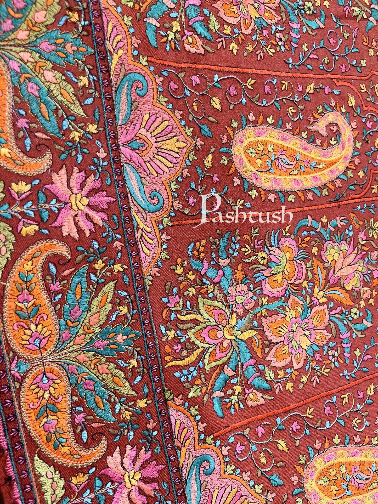 Pashtush India 100x200 Pashtush Womens Papier-mâché Embroidered Shawl, Fine Wool with Silky Embroidery, Maroon