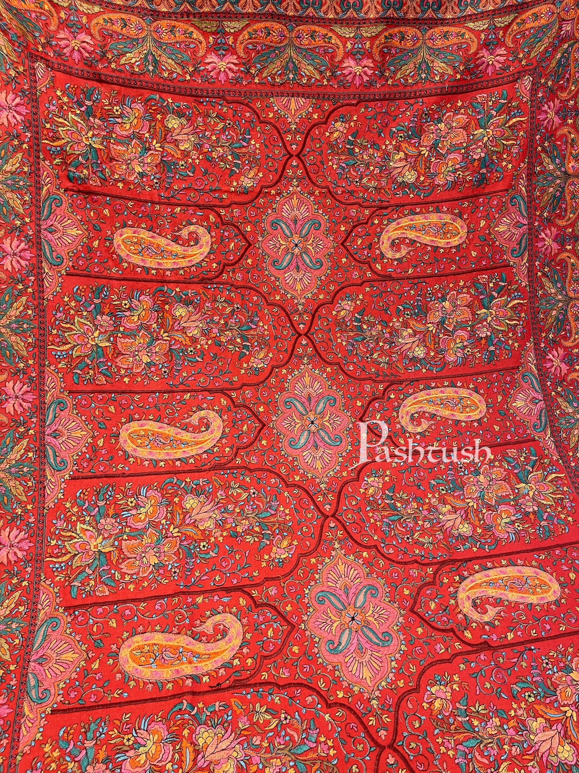 Pashtush India 100x200 Pashtush Womens Papier-mâché Embroidered Shawl, Fine Wool with Silky Embroidery, Scarlet Red