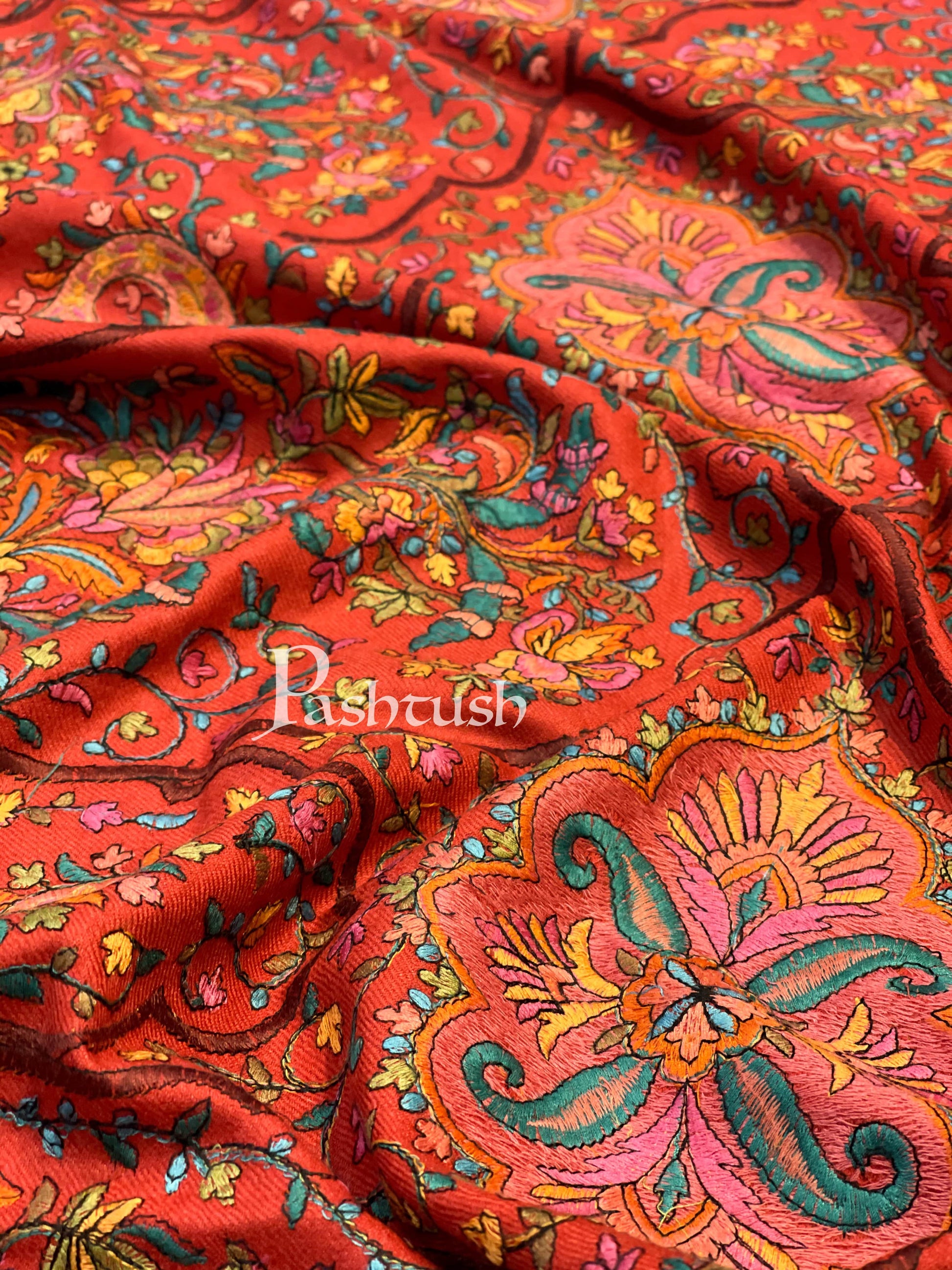 Pashtush India 100x200 Pashtush Womens Papier-mâché Embroidered Shawl, Fine Wool with Silky Embroidery, Scarlet Red