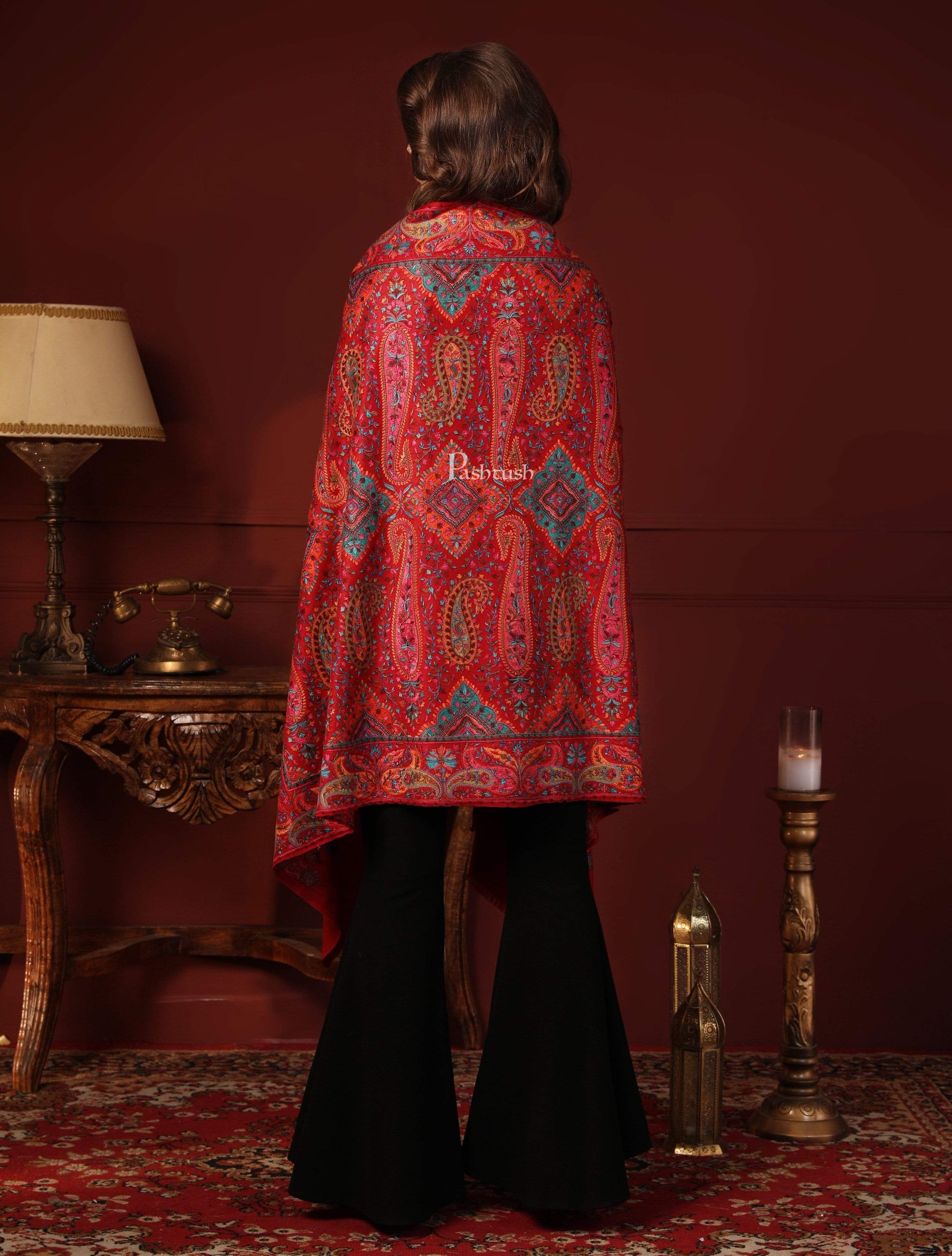 Pashtush India 100x200 Pashtush Womens Papier-mâché Embroidered Shawl, Fine Wool with Silky Embroidery, Scarlet Red