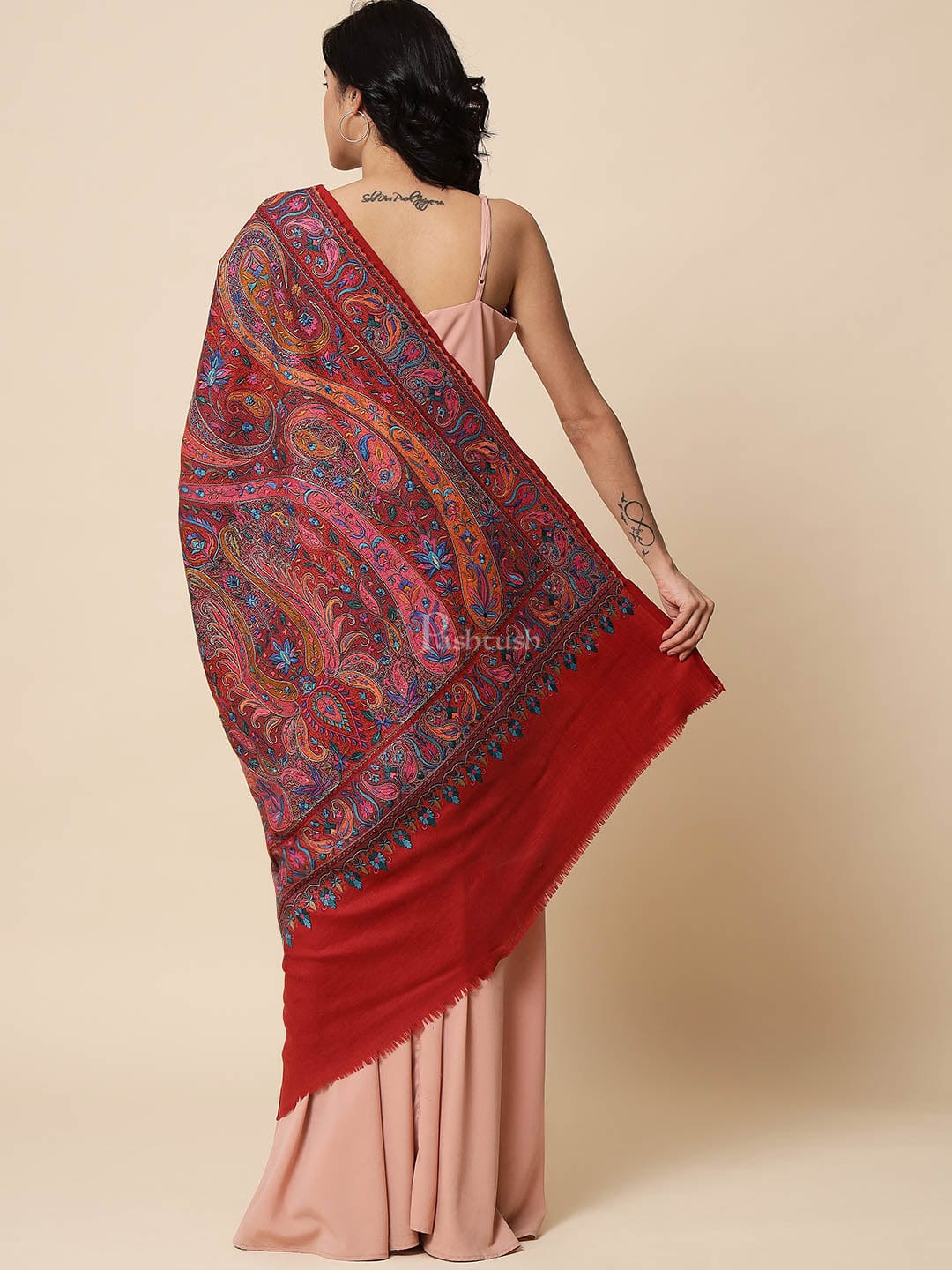 Pashtush India Womens Shawls Pashtush Womens Papier Machè Embroidery Jaal Shawl, Extra Fine Wool - Crimson