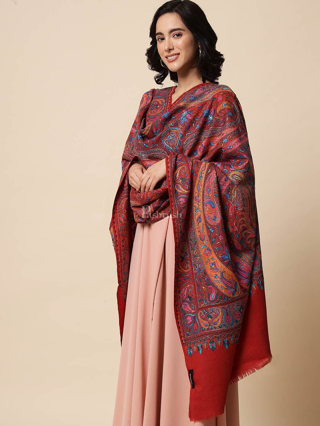 Pashtush India Womens Shawls Pashtush Womens Papier Machè Embroidery Jaal Shawl, Extra Fine Wool - Crimson