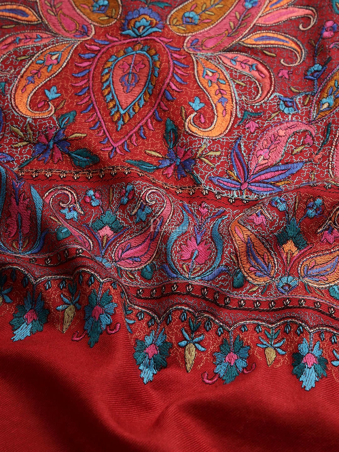 Pashtush India Womens Shawls Pashtush Womens Papier Machè Embroidery Jaal Shawl, Extra Fine Wool - Crimson