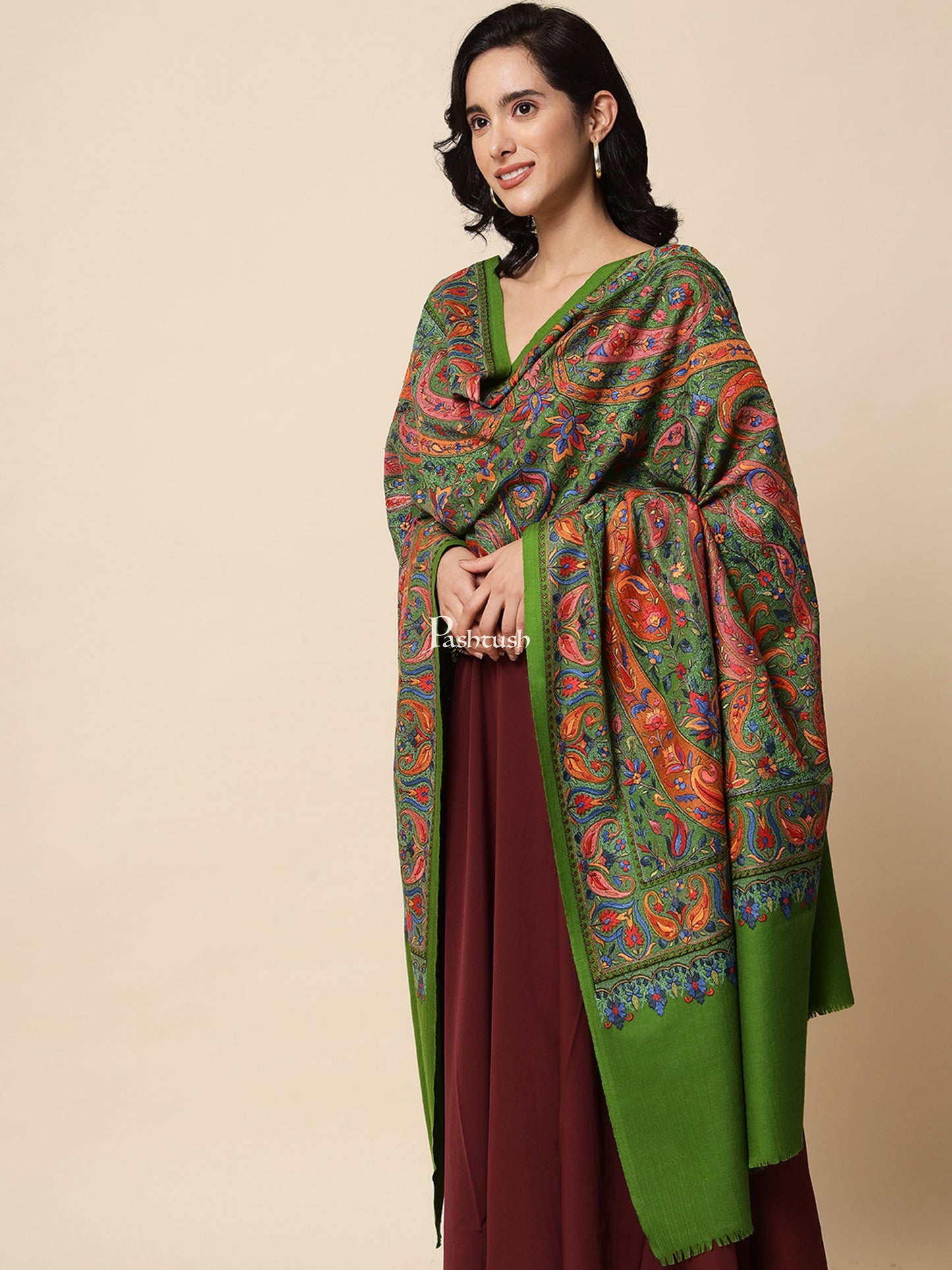 Pashtush India Womens Shawls Pashtush Womens Papier Machè Embroidery Jaal Shawl, Extra Fine Wool - Emerald Green