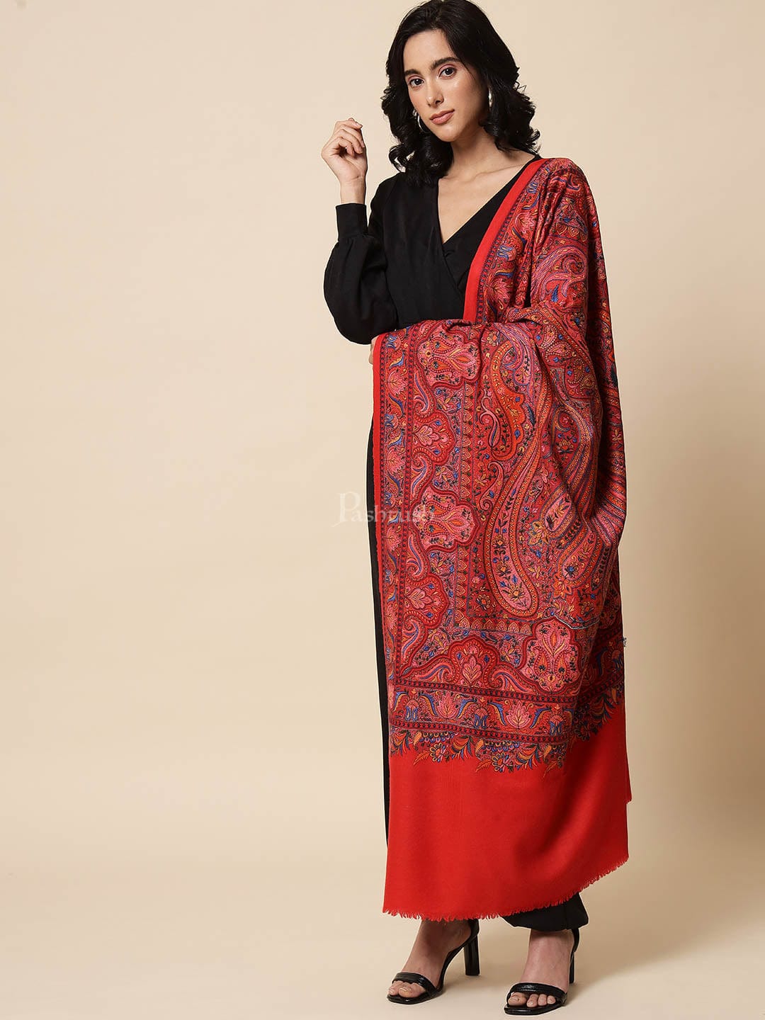 Pashtush India Womens Shawls Pashtush Womens Papier Machè Embroidery Jaal Shawl, Extra Fine Wool - Scarlet Red