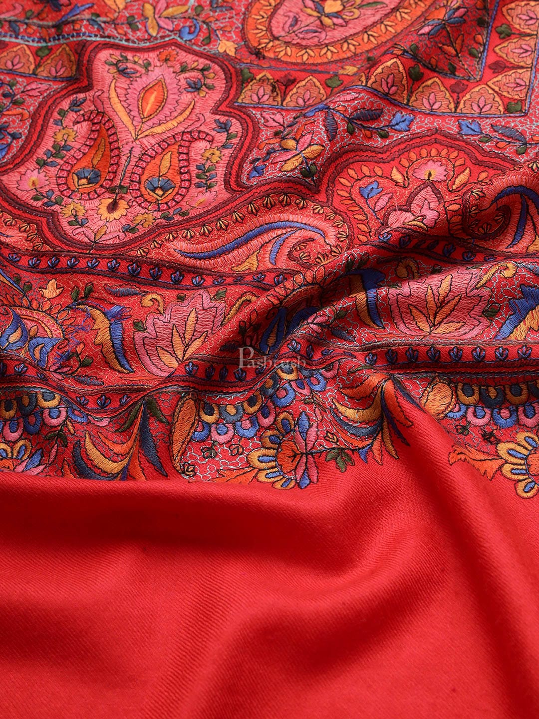 Pashtush India Womens Shawls Pashtush Womens Papier Machè Embroidery Jaal Shawl, Extra Fine Wool - Scarlet Red