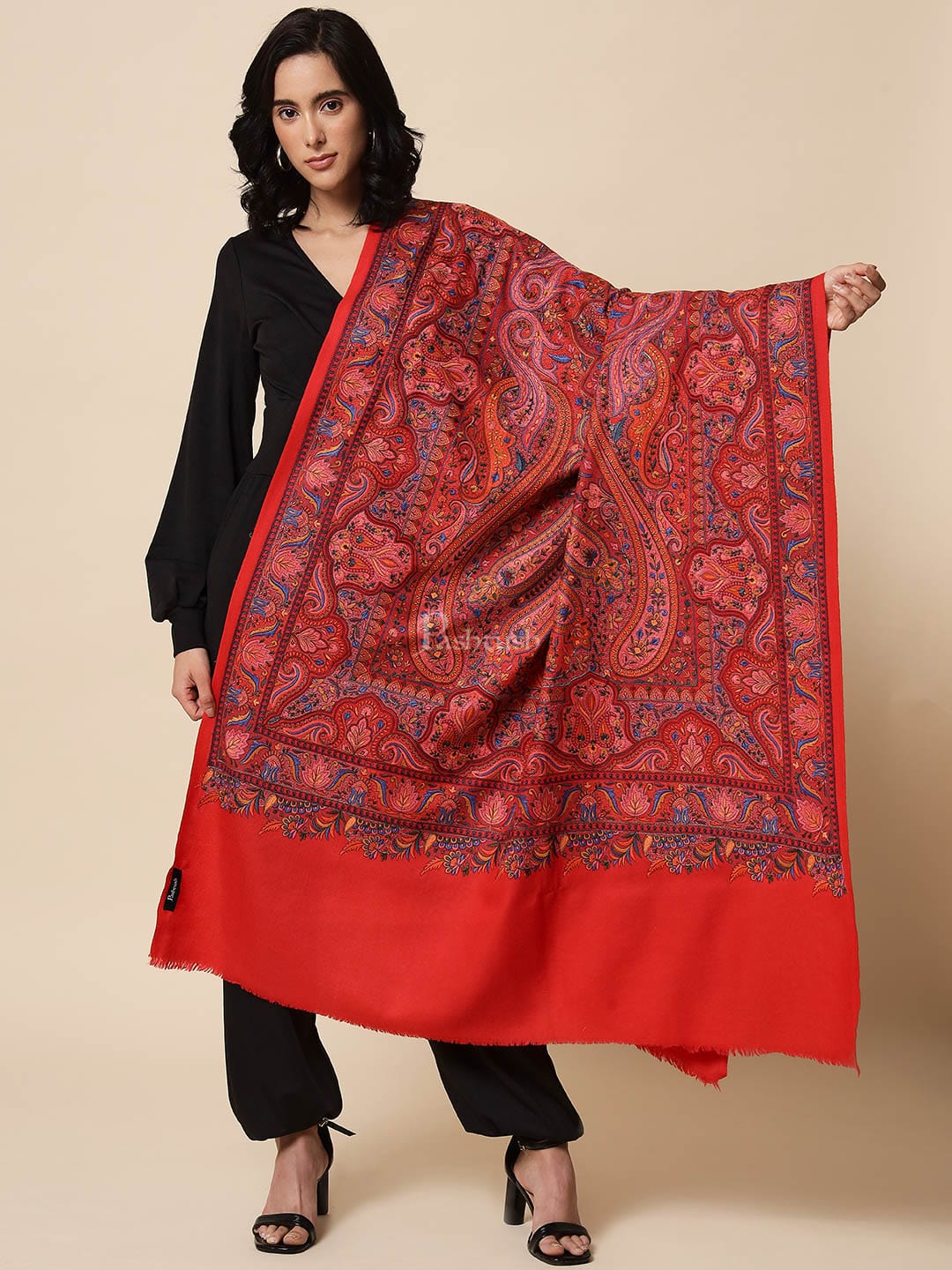 Pashtush India Womens Shawls Pashtush Womens Papier Machè Embroidery Jaal Shawl, Extra Fine Wool - Scarlet Red