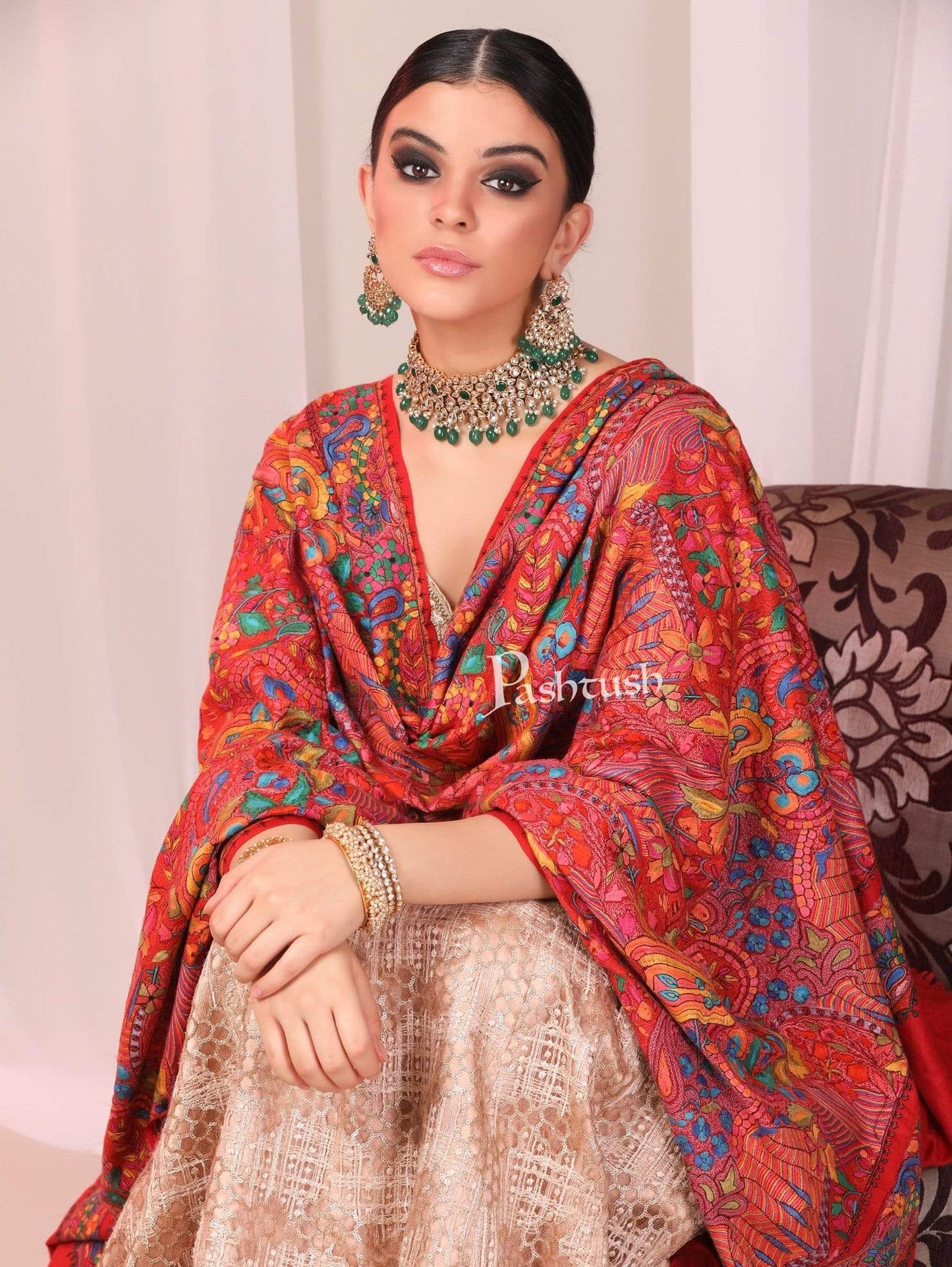 Pashtush India Shawl Pashtush Womens Papier Machè Embroidery Jaal Shawl - Fine Pure Wool