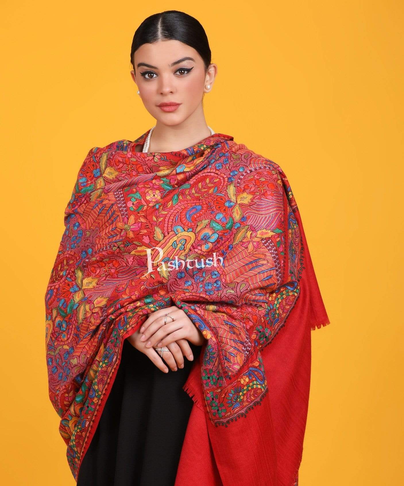 Pashtush India Shawl Pashtush Womens Papier Machè Embroidery Jaal Shawl - Fine Pure Wool