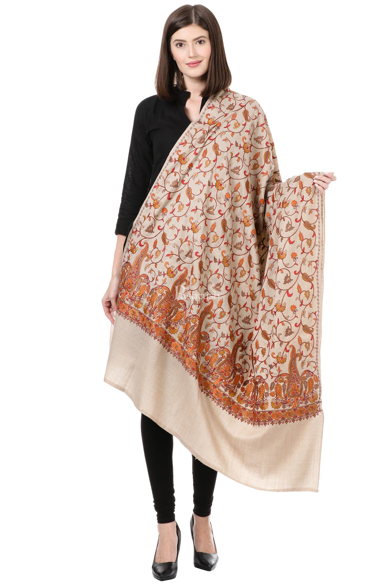 Pashtush India Womens Shawls Pashtush Womens Papier Machè Embroidery Jaal Shawl - Sahara