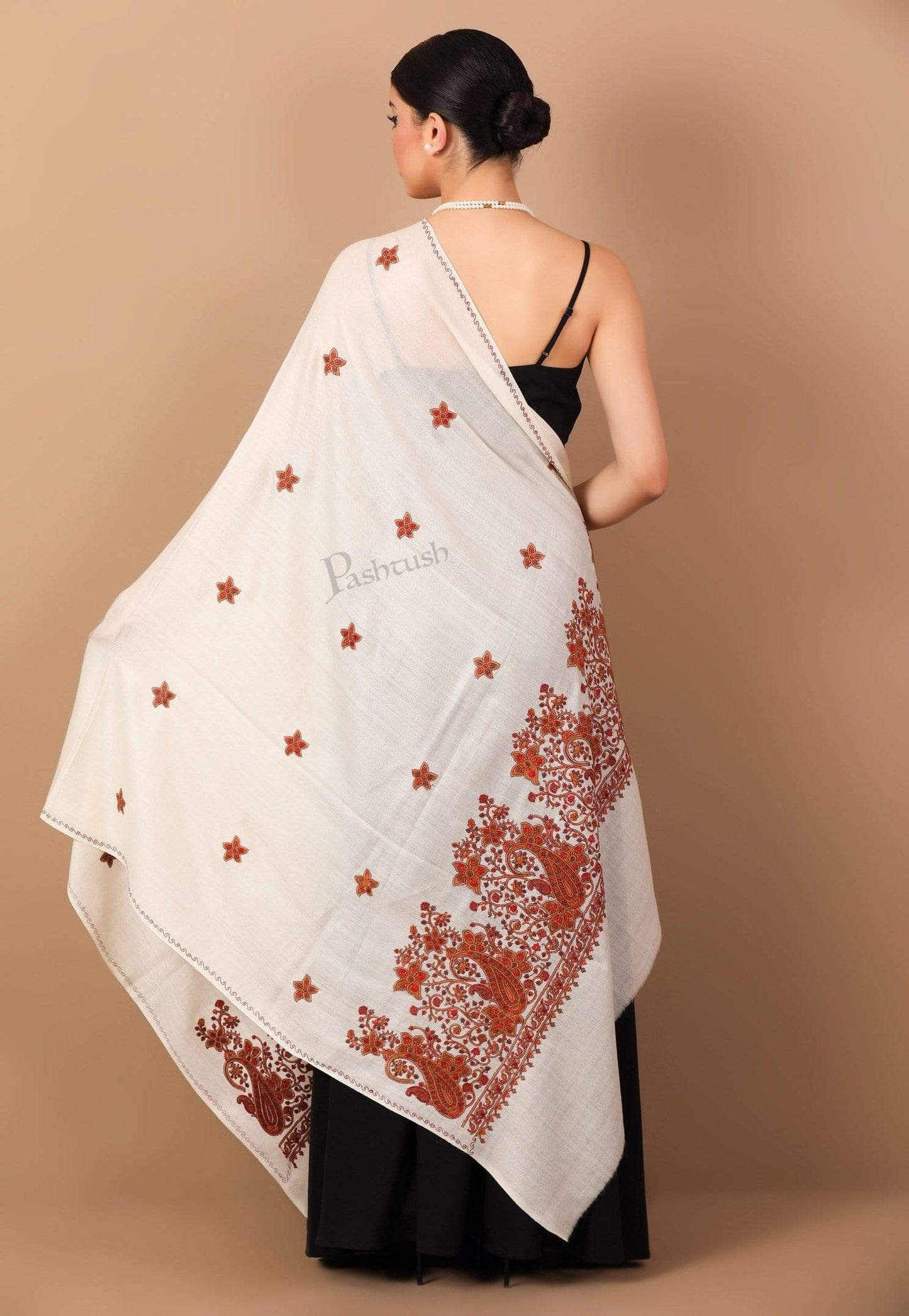 Pashtush India Shawl Pashtush Womens Papier Machè Embroidery Palla Shawl - Ivory