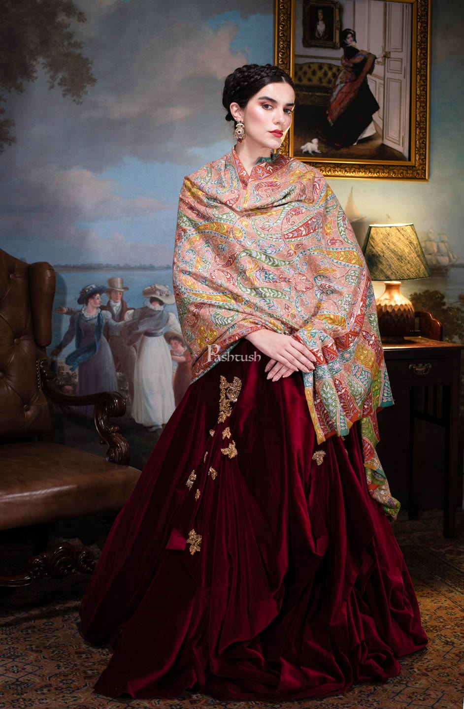 Pashtush India Womens Shawls Pashtush Womens Pashmina, Hand Embroidered Hand Painted Kalamkari Shawl, Multicolour