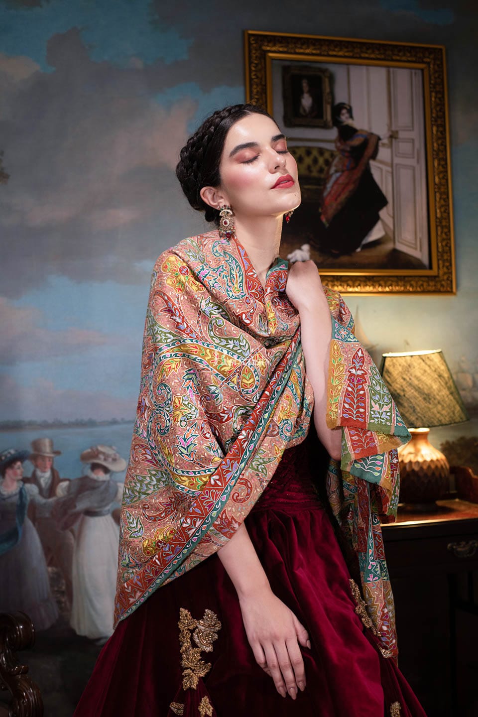 Pashtush India Womens Shawls Pashtush Womens Pashmina, Hand Embroidered Hand Painted Kalamkari Shawl, Multicolour