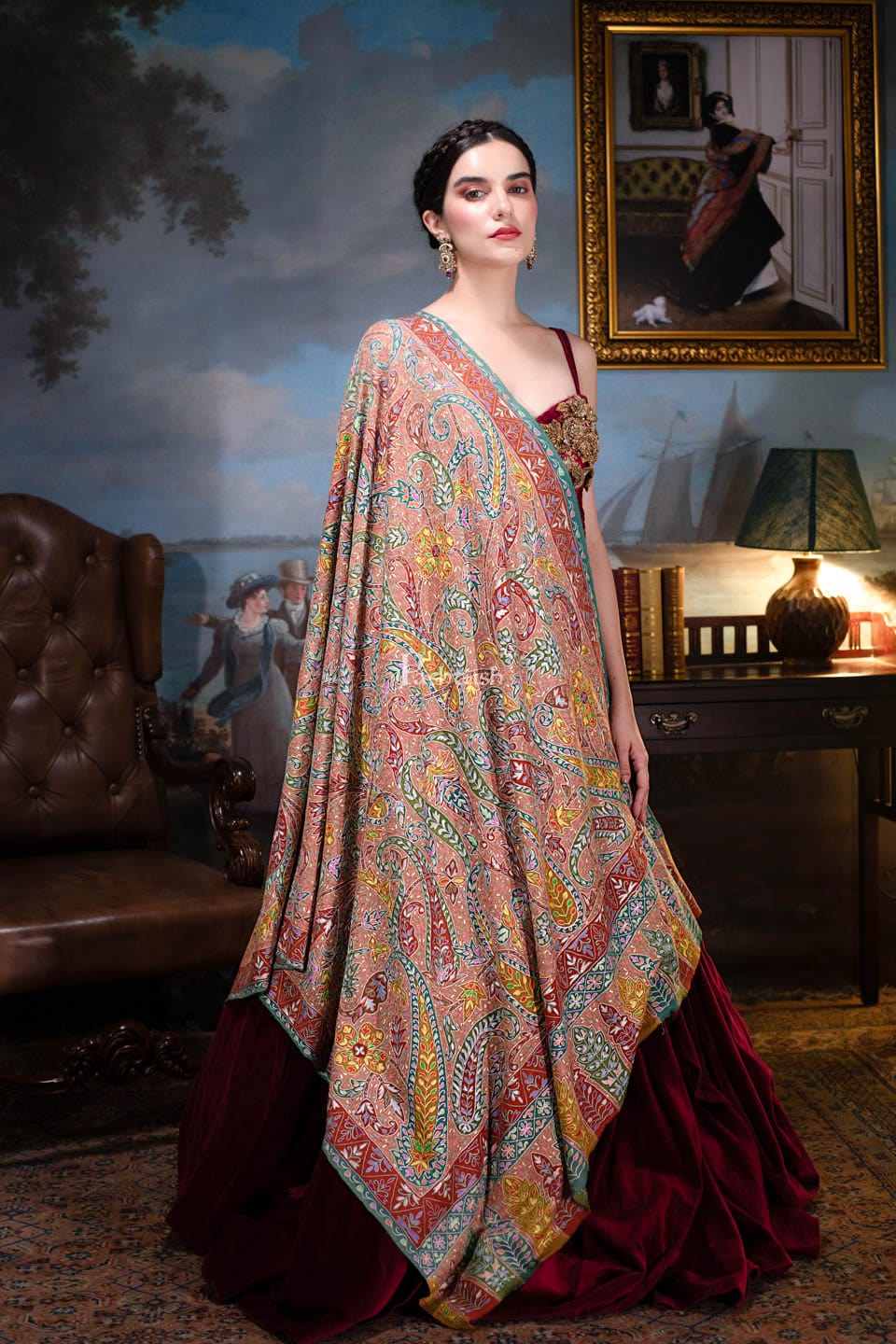 Pashtush India Womens Shawls Pashtush Womens Pashmina, Hand Embroidered Hand Painted Kalamkari Shawl, Multicolour