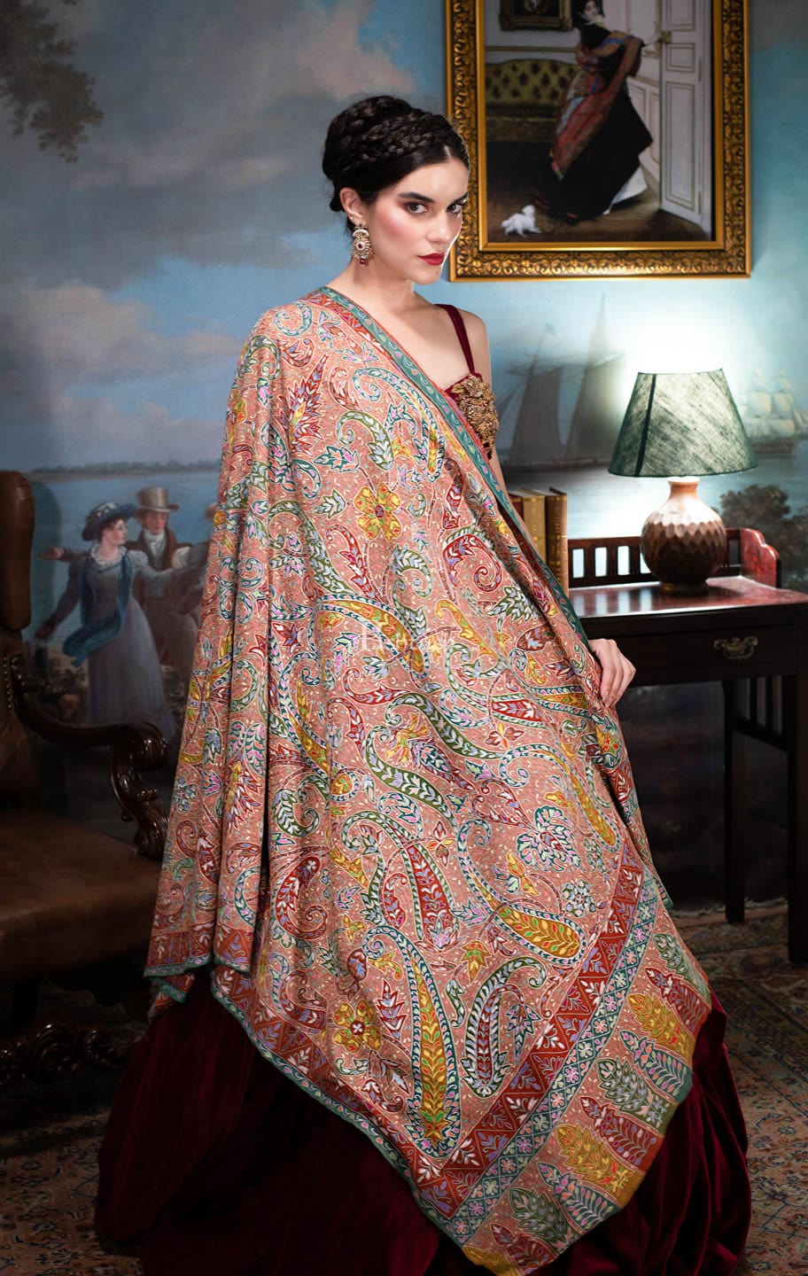 Pashtush India Womens Shawls Pashtush Womens Pashmina, Hand Embroidered Hand Painted Kalamkari Shawl, Multicolour
