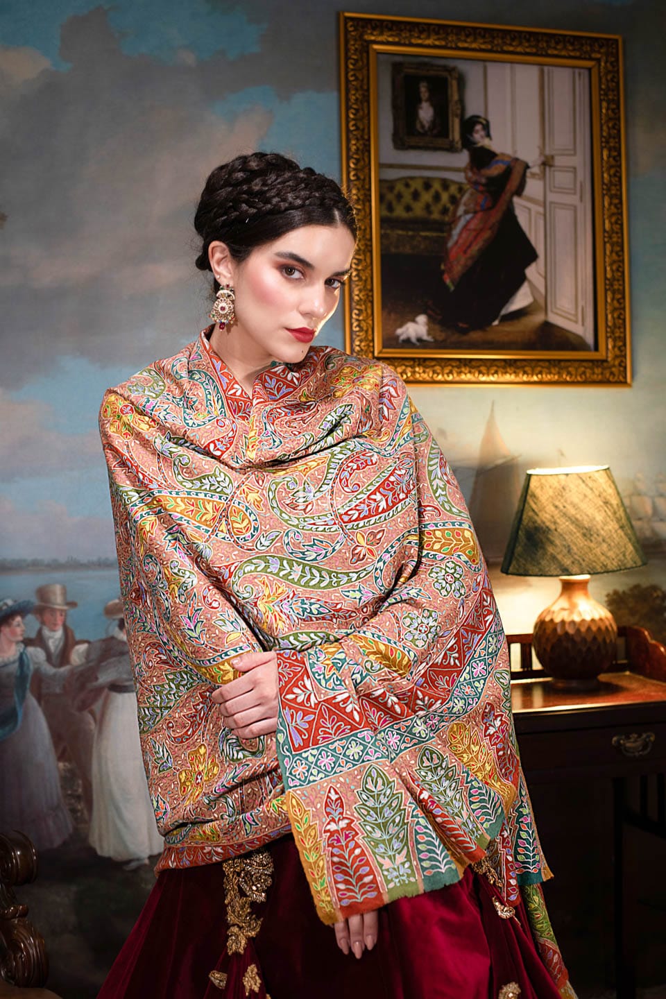 Pashtush India Womens Shawls Pashtush Womens Pashmina, Hand Embroidered Hand Painted Kalamkari Shawl, Multicolour