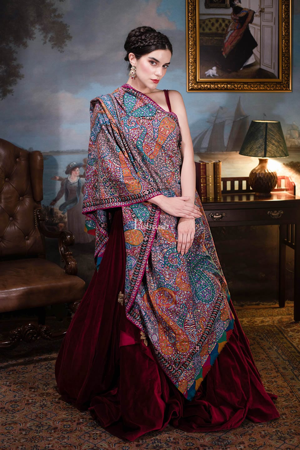 Pashtush India Womens Shawls Pashtush Womens Pashmina, Hand Embroidered Hand Painted Kalamkari Shawl, Multicolour