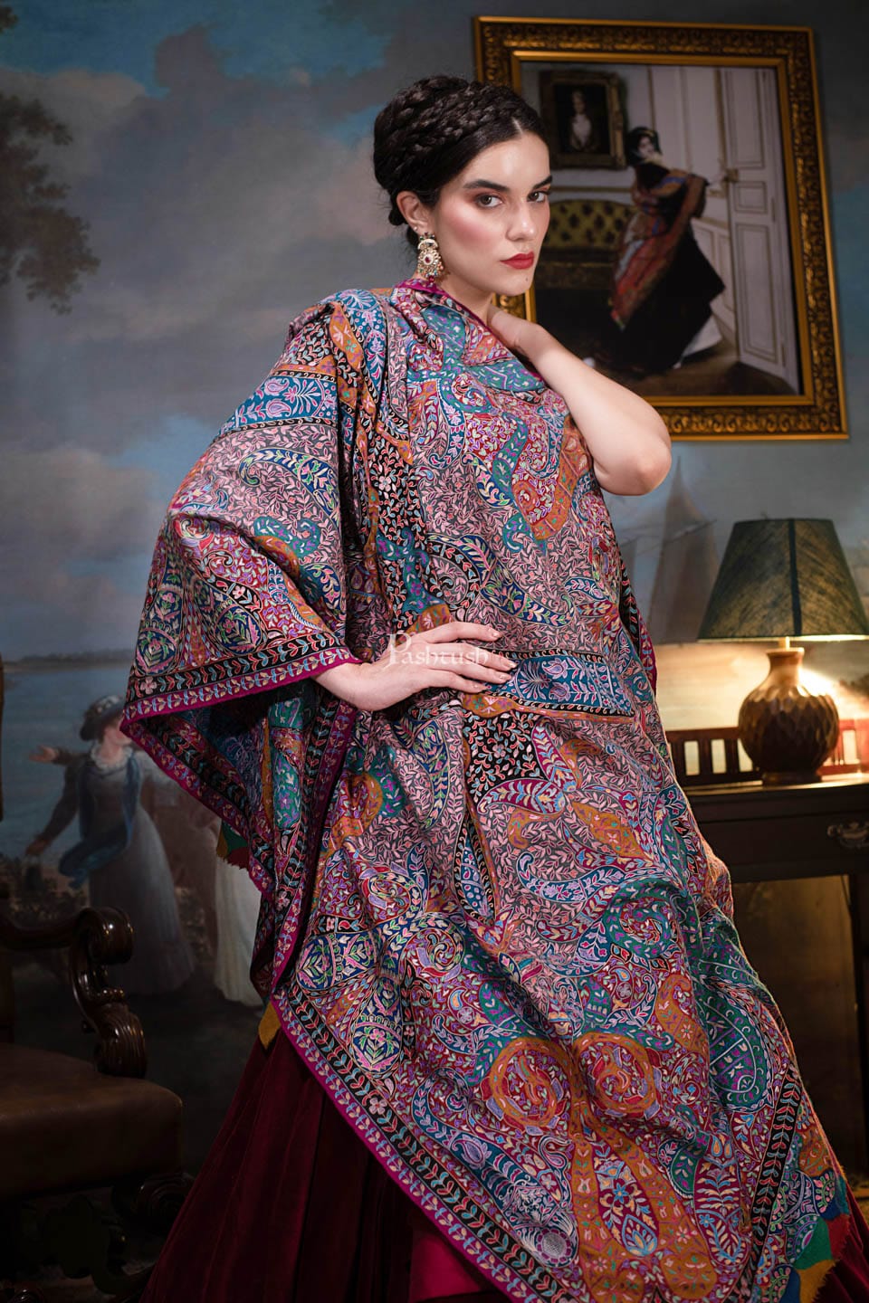 Pashtush India Womens Shawls Pashtush Womens Pashmina, Hand Embroidered Hand Painted Kalamkari Shawl, Multicolour