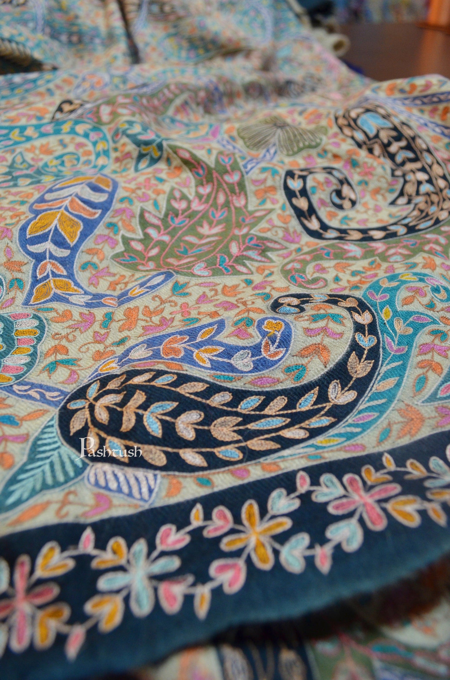 Pashtush India Womens Shawls Pashtush Womens Pashmina, Hand Embroidered Kalamkari Shawl, Multicolour