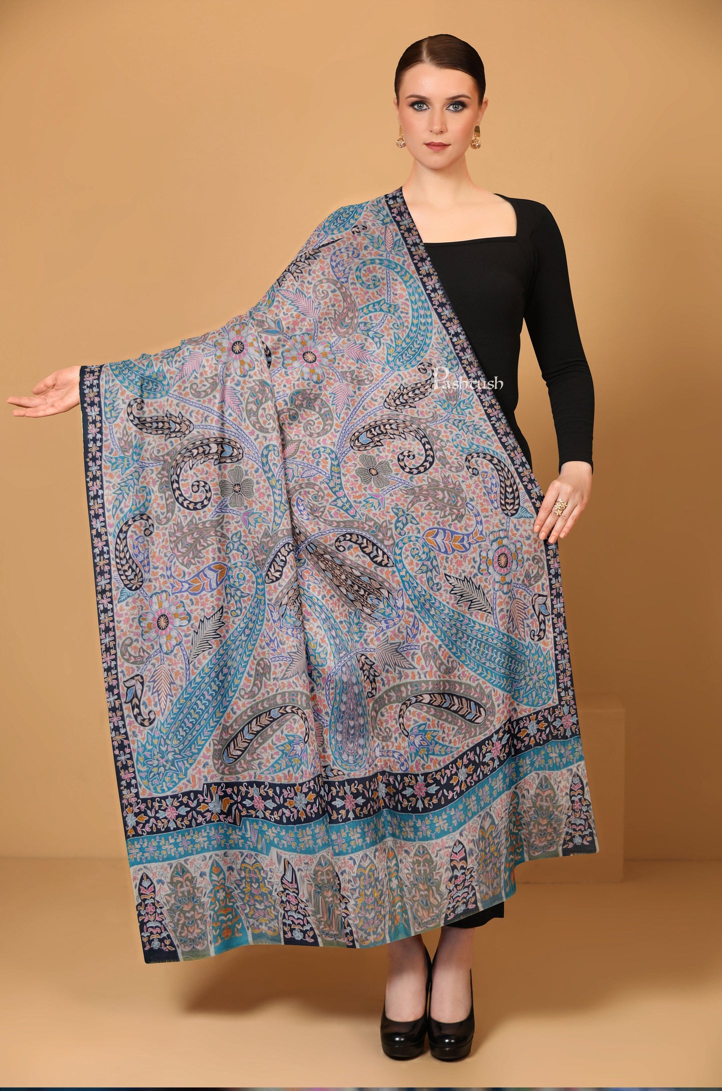 Pashtush India Womens Shawls Pashtush Womens Pashmina, Hand Embroidered Kalamkari Shawl, Multicolour