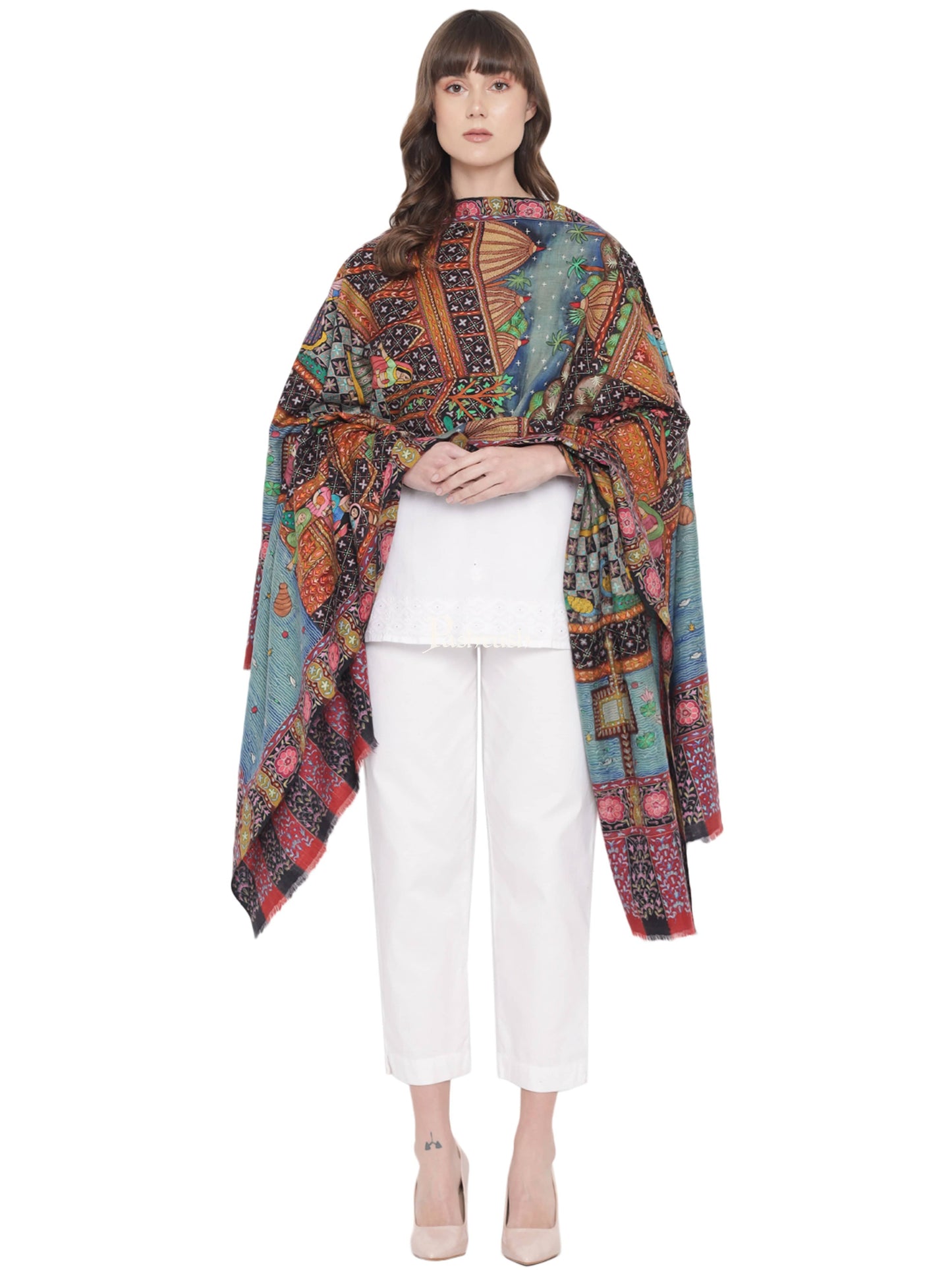 Pashtush India Womens Shawls Pashtush Womens Pashmina Handmade Kalamkari Shawl, Multicoloured