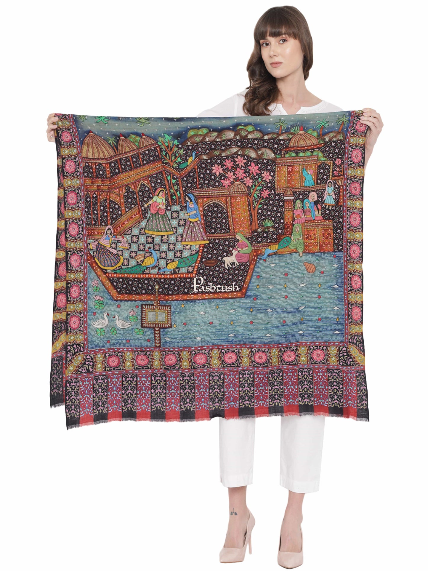 Pashtush India Womens Shawls Pashtush Womens Pashmina Handmade Kalamkari Shawl, Multicoloured
