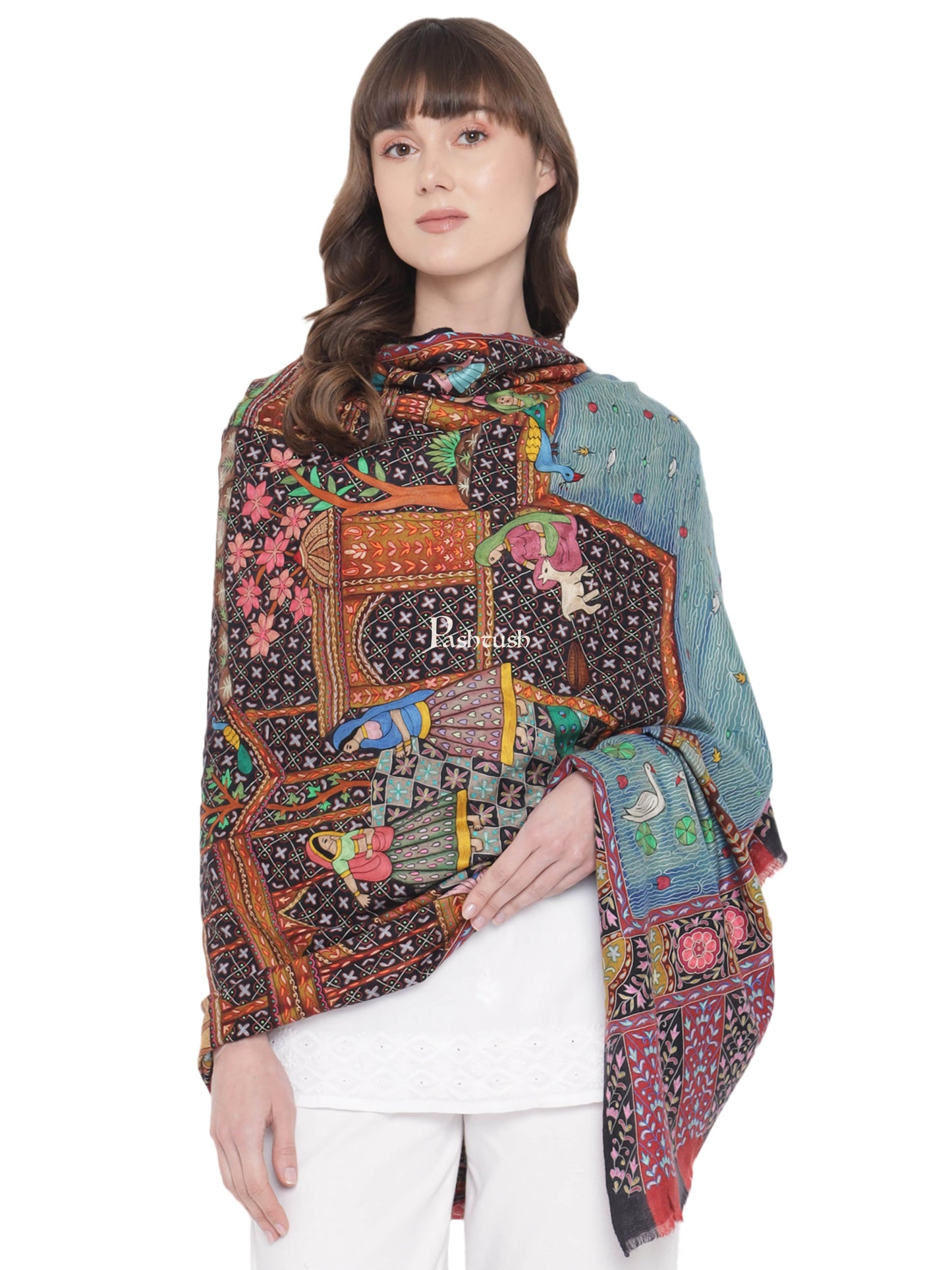 Pashtush India Womens Shawls Pashtush Womens Pashmina Handmade Kalamkari Shawl, Multicoloured