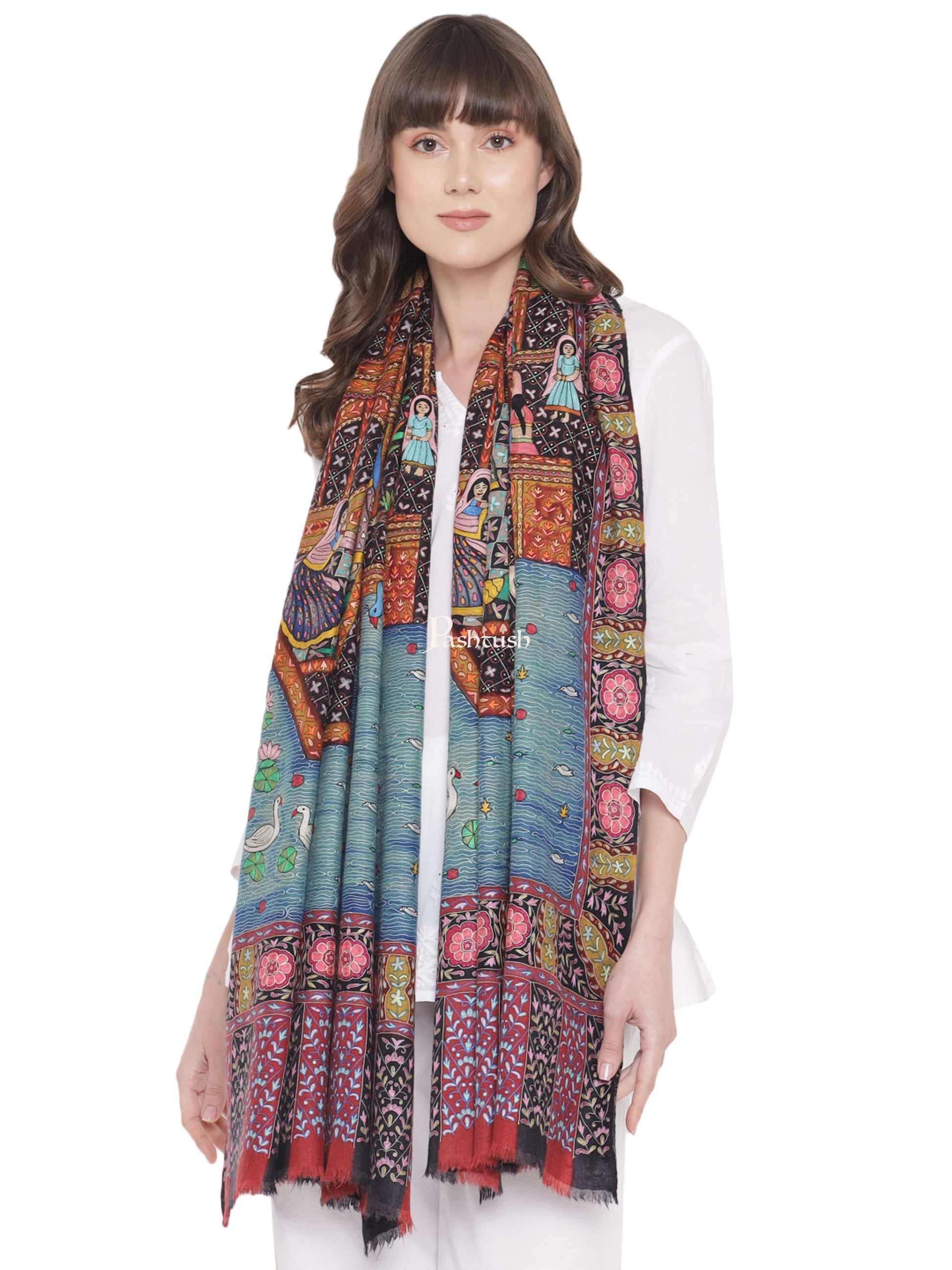 Pashtush India Womens Shawls Pashtush Womens Pashmina Handmade Kalamkari Shawl, Multicoloured