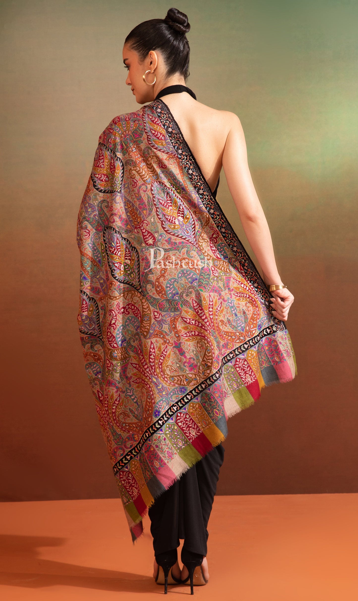 Pashtush India Womens Shawls Pashtush Womens Pashmina Kalamkari Shawl, Hand Painted And Embroidered Kalamkari, Hand Woven