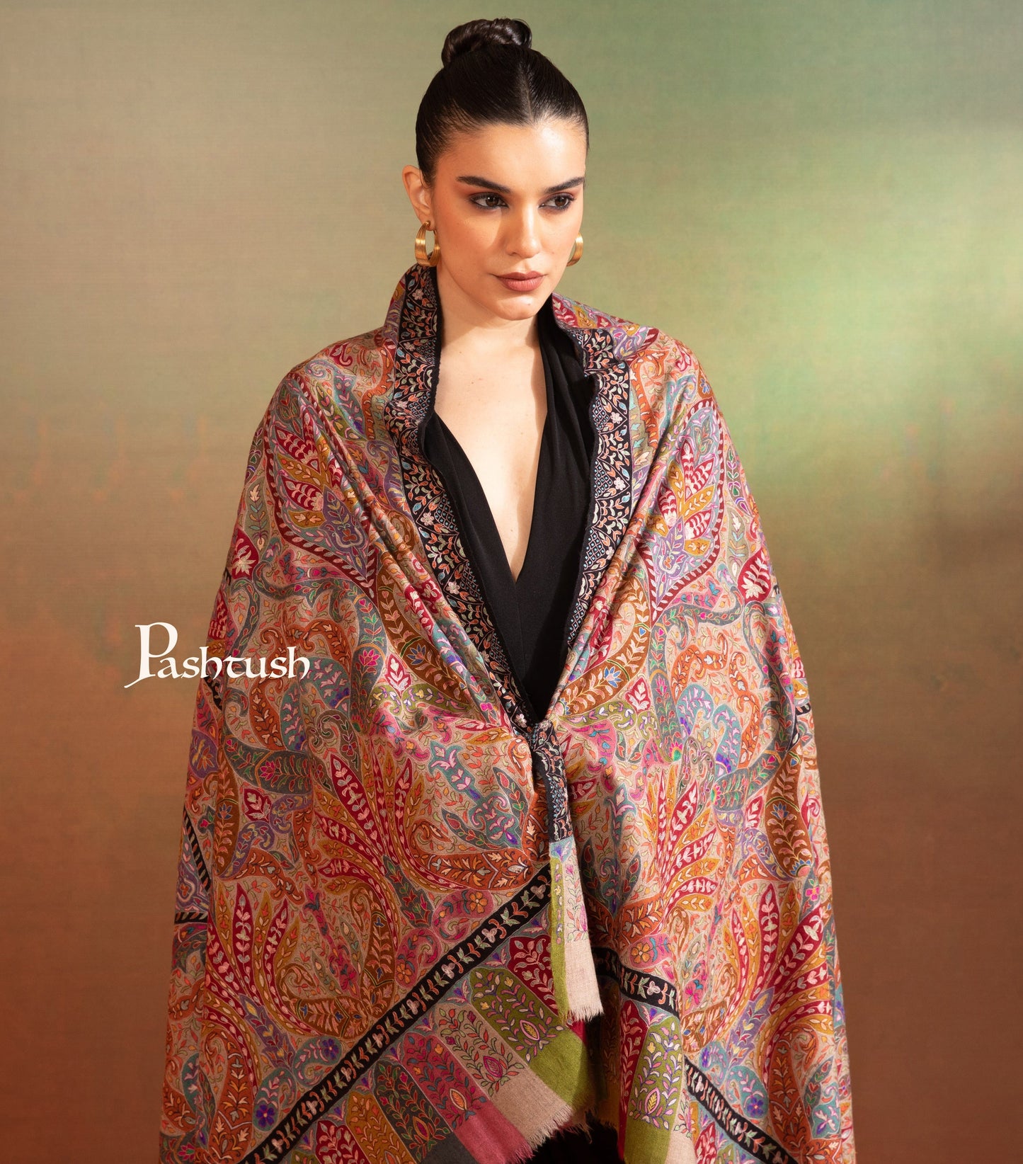 Pashtush India Womens Shawls Pashtush Womens Pashmina Kalamkari Shawl, Hand Painted And Embroidered Kalamkari, Hand Woven