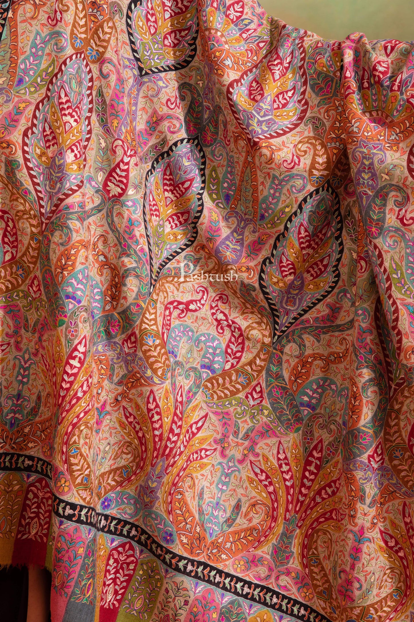 Pashtush India Womens Shawls Pashtush Womens Pashmina Kalamkari Shawl, Hand Painted And Embroidered Kalamkari, Hand Woven