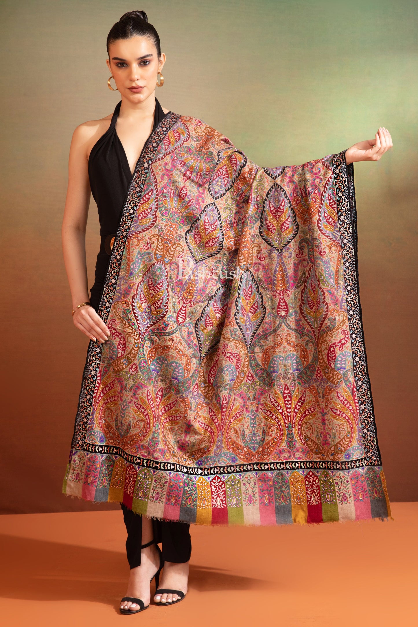Pashtush India Womens Shawls Pashtush Womens Pashmina Kalamkari Shawl, Hand Painted And Embroidered Kalamkari, Hand Woven