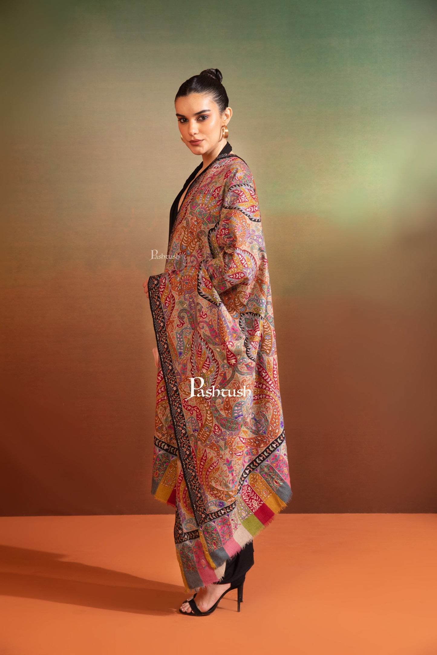 Pashtush India Womens Shawls Pashtush Womens Pashmina Kalamkari Shawl, Hand Painted And Embroidered Kalamkari, Hand Woven