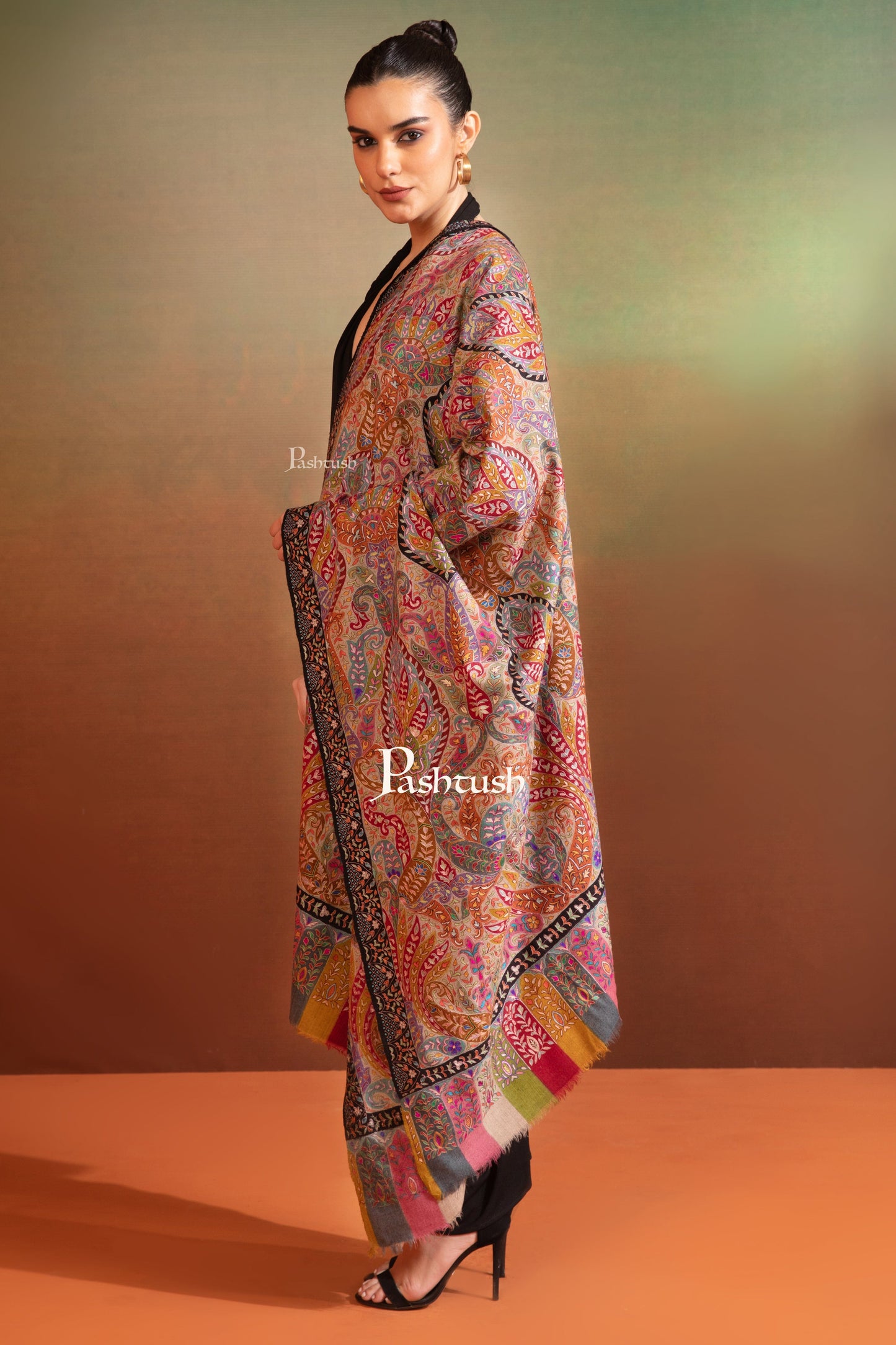 Pashtush India Womens Shawls Pashtush Womens Pashmina Kalamkari Shawl, Hand Painted And Embroidered Kalamkari, Hand Woven