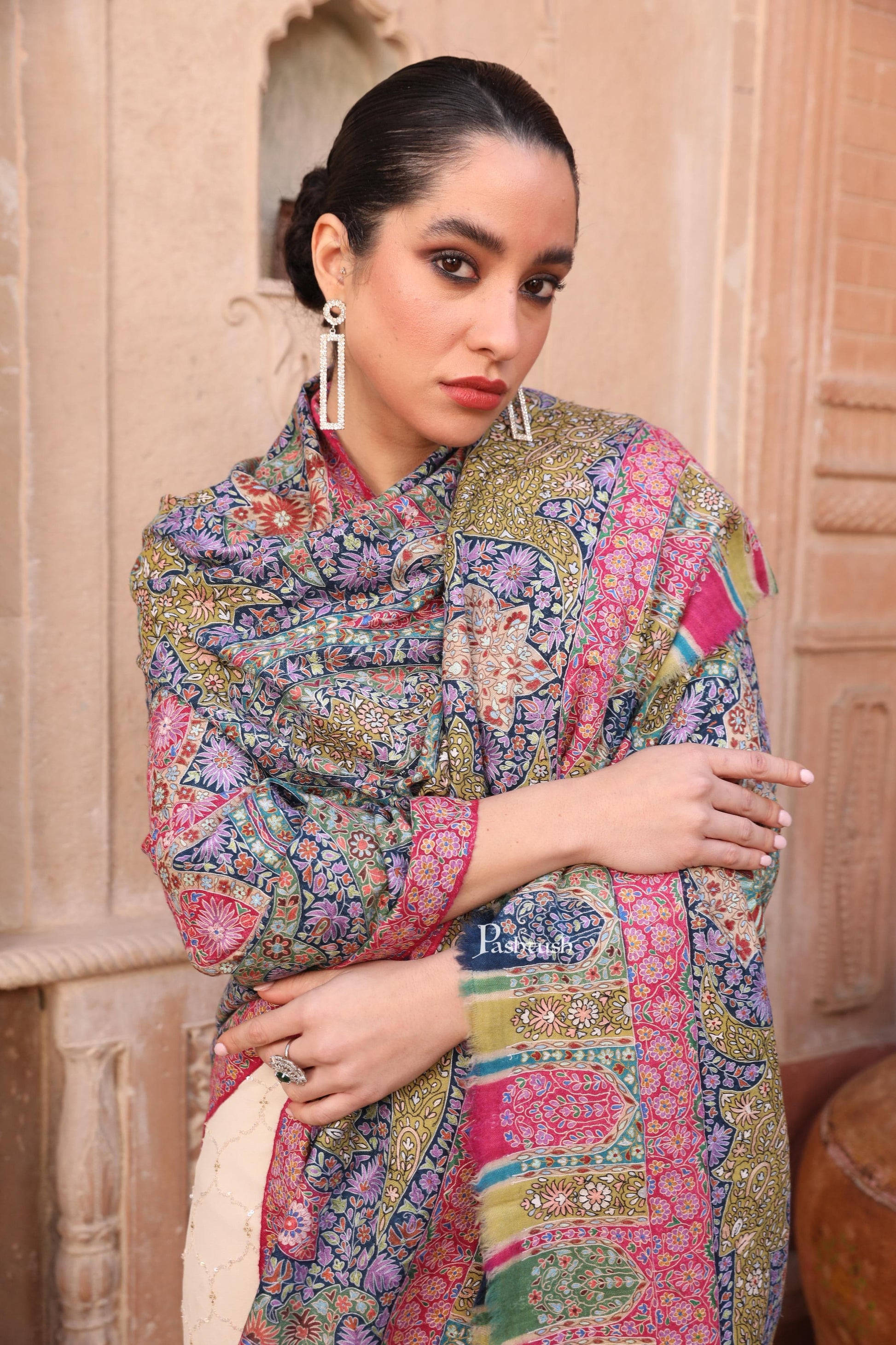 Pashtush India Womens Shawls Pashtush Womens Pashmina Kalamkari Shawl, Hand Painted And Embroidered Kalamkari, Hand Woven