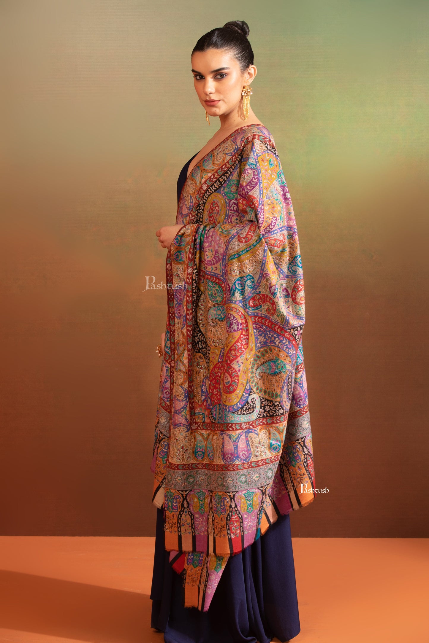 Pashtush India Womens Shawls Pashtush Womens Pashmina Kalamkari Shawl, Hand Painted And Embroidered Kalamkari, Handloom