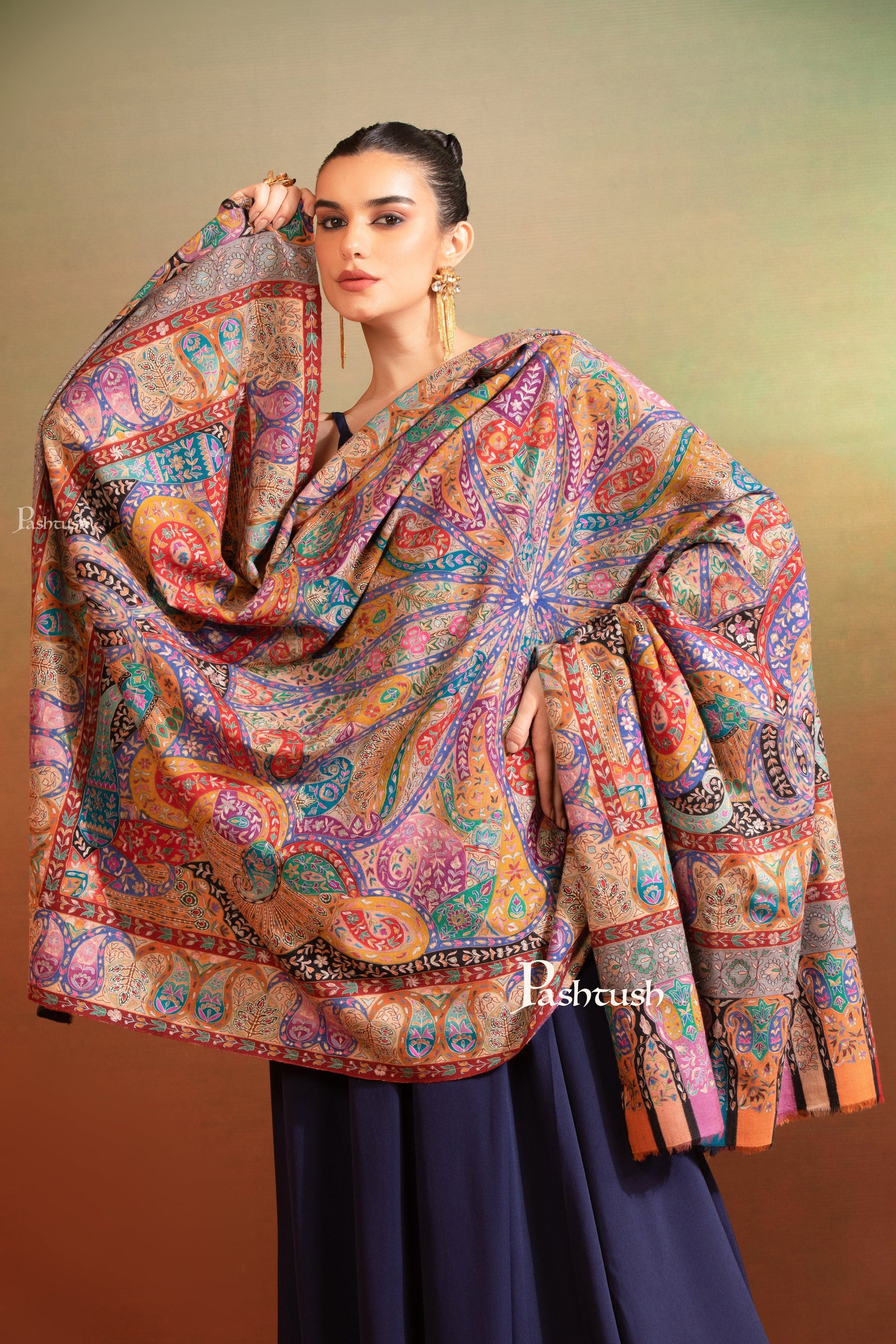 Pashtush India Womens Shawls Pashtush Womens Pashmina Kalamkari Shawl, Hand Painted And Embroidered Kalamkari, Handloom