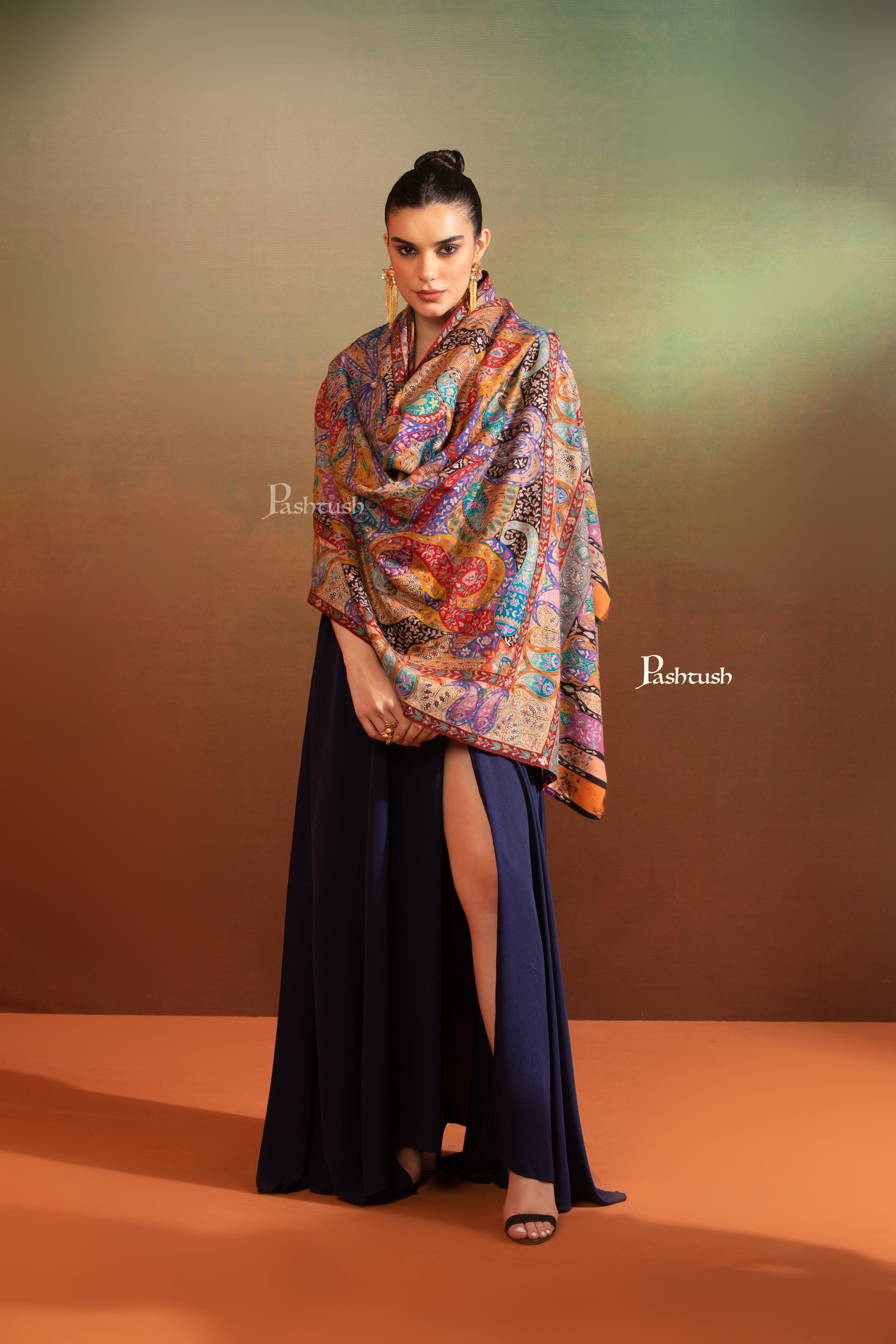 Pashtush India Womens Shawls Pashtush Womens Pashmina Kalamkari Shawl, Hand Painted And Embroidered Kalamkari, Handloom