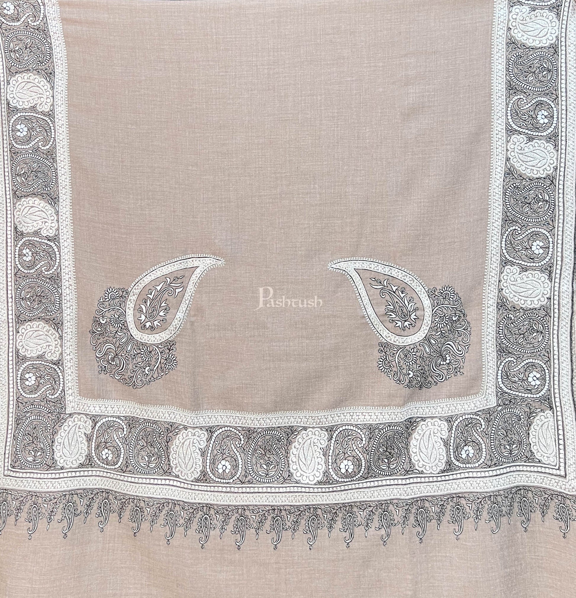 Pashtush India Womens Shawls Pashtush Womens Pashmina Shawl, Chaandi Taar Daur with Real Silver Embroidery, Border, Beige