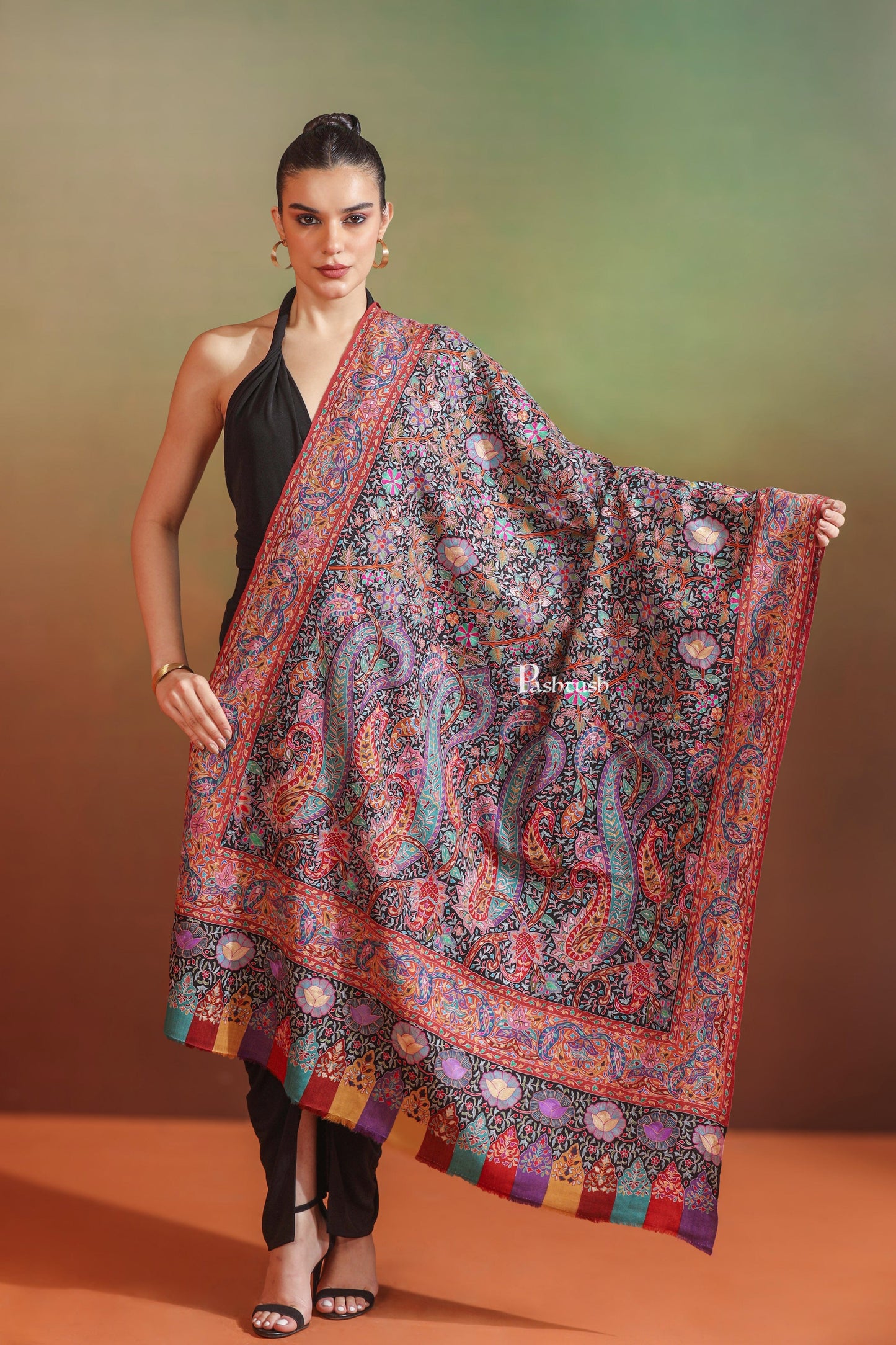 Pashtush India Womens Shawls Pashtush Womens Pashmina Shawl, Hand Painted And Embroidered Kalamkari Design, Multicolour