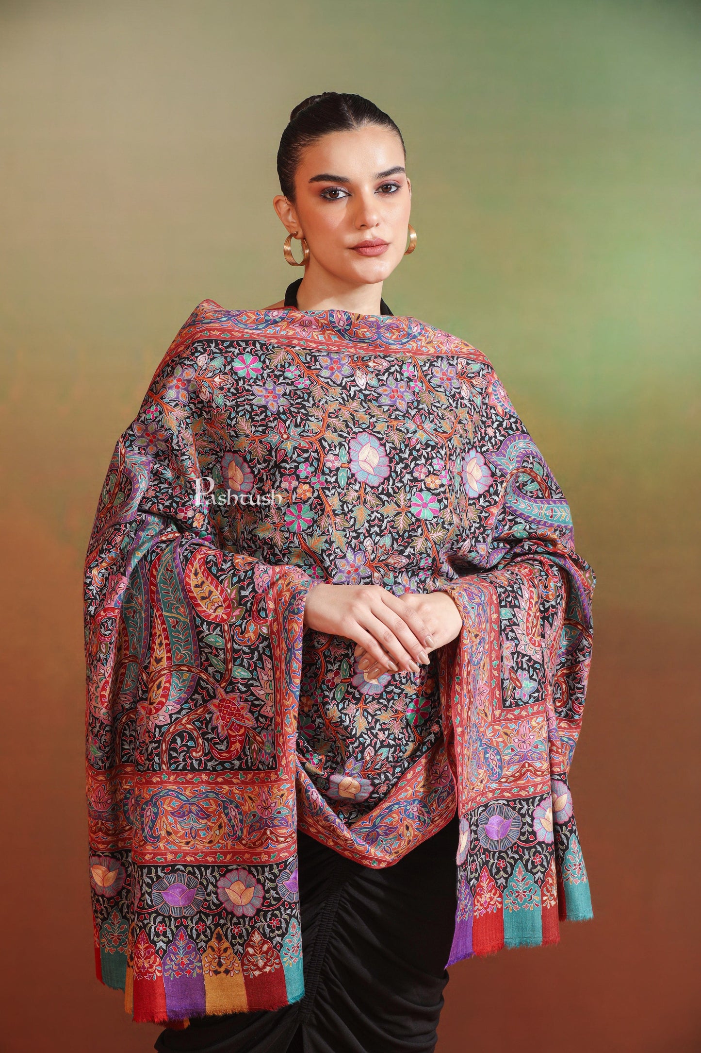 Pashtush India Womens Shawls Pashtush Womens Pashmina Shawl, Hand Painted And Embroidered Kalamkari Design, Multicolour