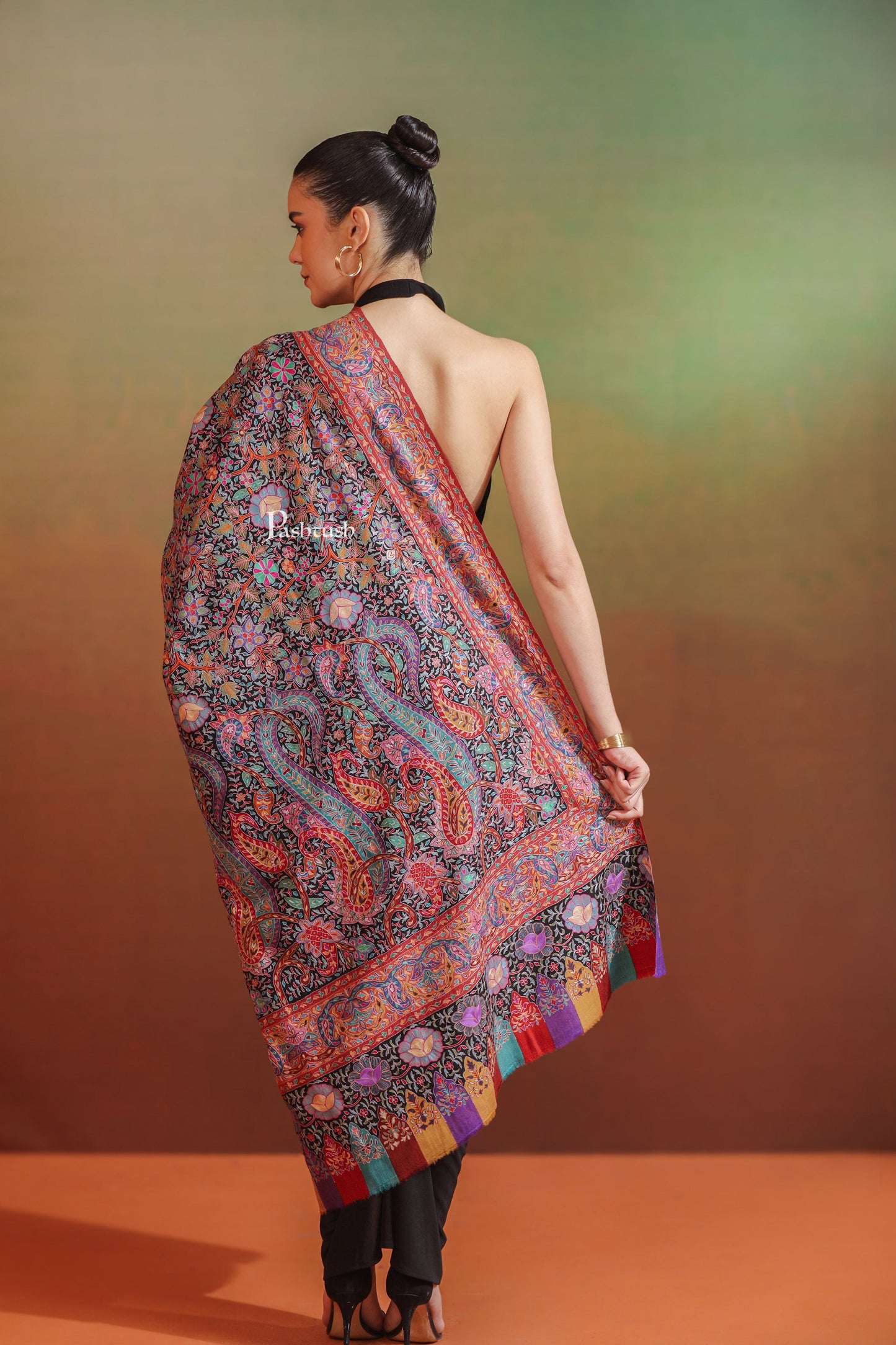 Pashtush India Womens Shawls Pashtush Womens Pashmina Shawl, Hand Painted And Embroidered Kalamkari Design, Multicolour